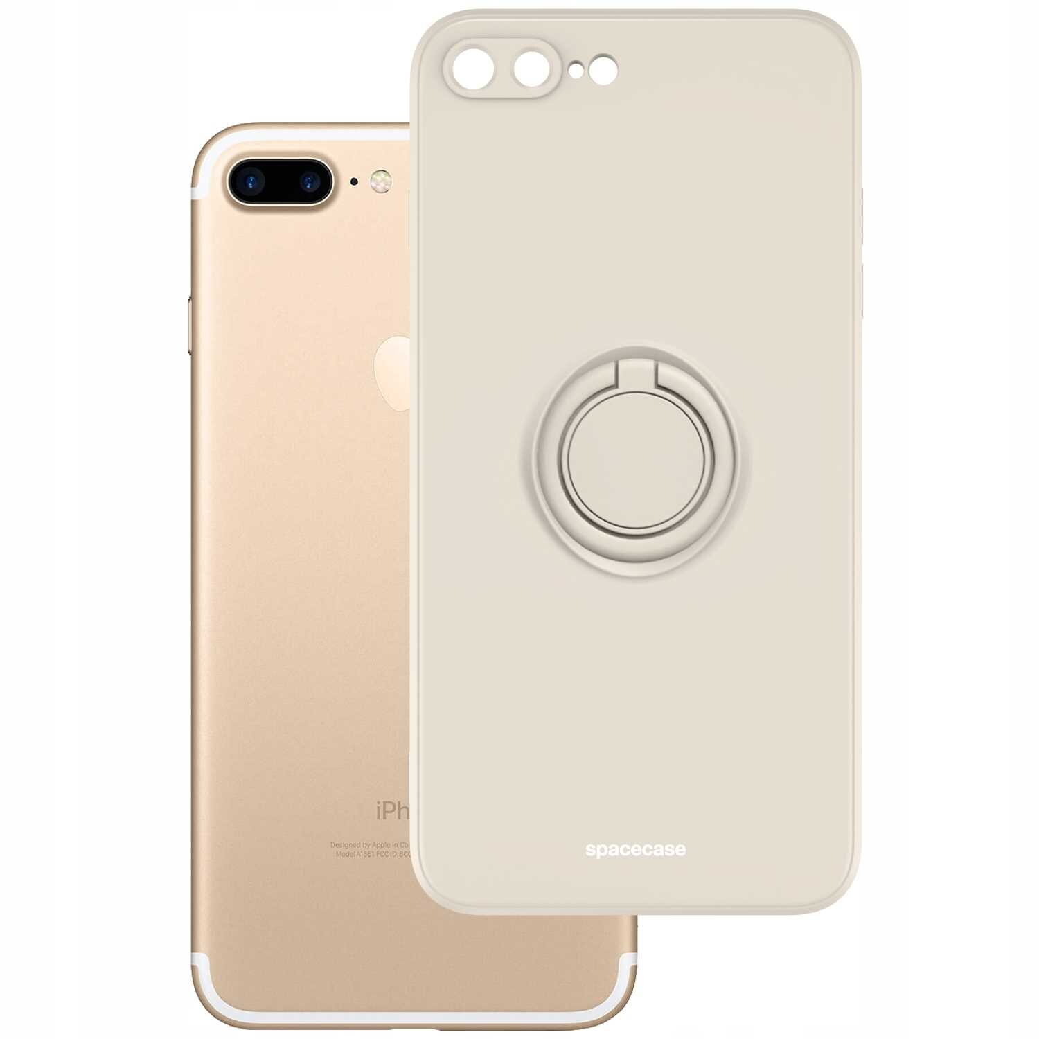 Na obrazie widoczne jest beżowe silikonowe etui z pierścieniem na tylnej stronie, przeznaczone do iPhone 7/8 Plus. Na etui znajduje się napis \'spacecase\'.