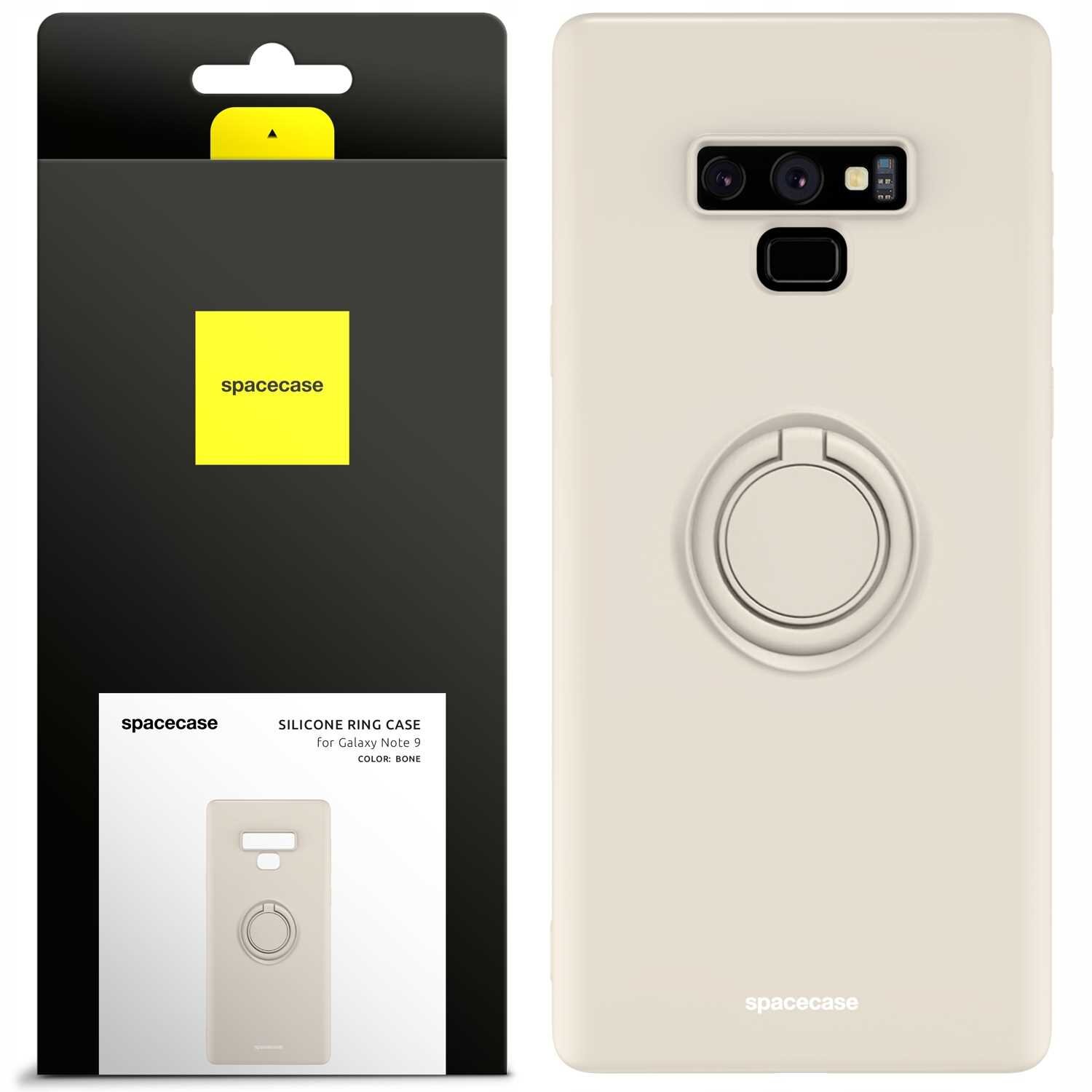 Beżowe silikonowe etui z pierścieniem do Galaxy Note 9, obok opakowanie z logo \'spacecase\'.