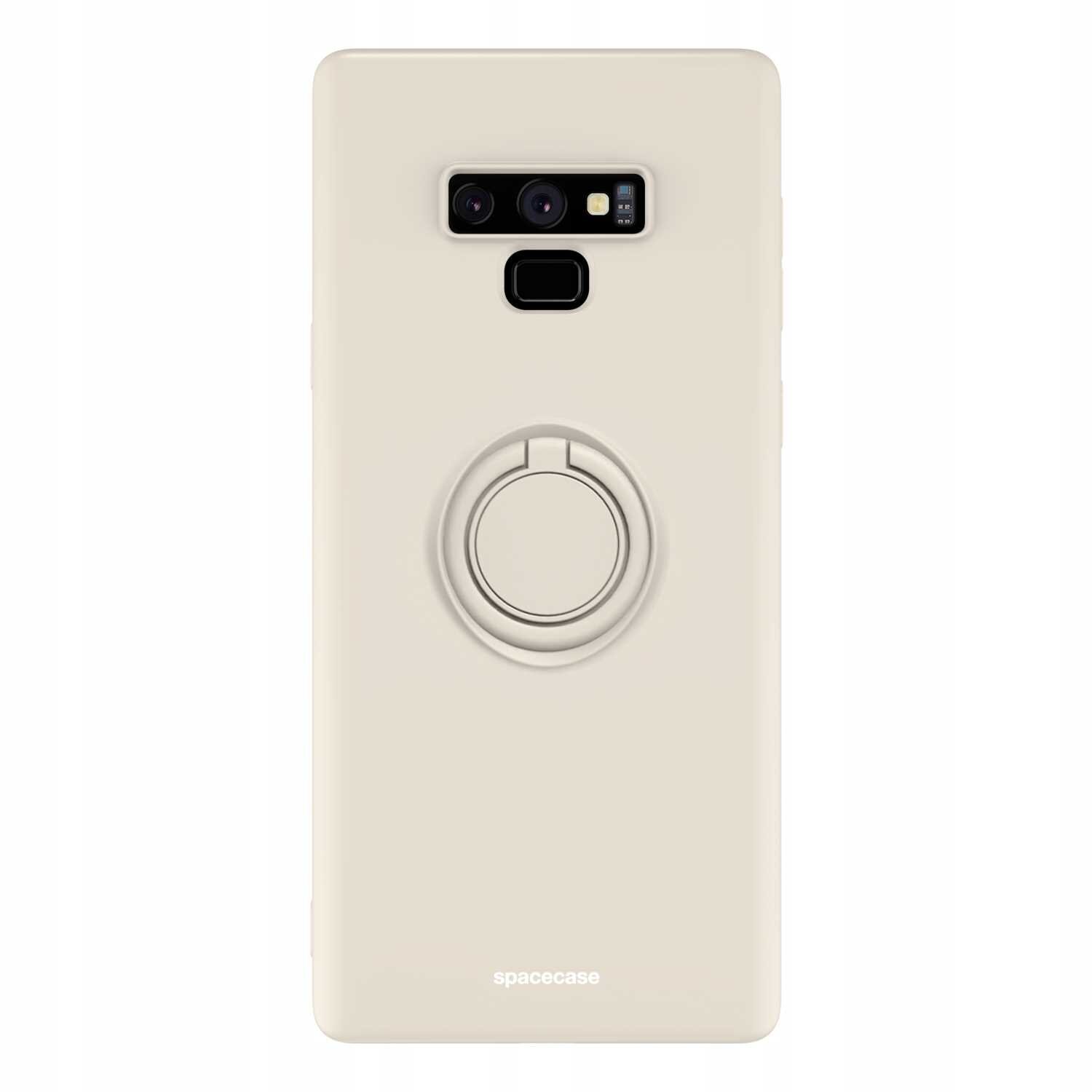 Beżowe silikonowe etui z pierścieniem na tylnej stronie, przeznaczone do telefonu Galaxy Note 9. Na dole widoczne jest logo \'spacecase\'.
