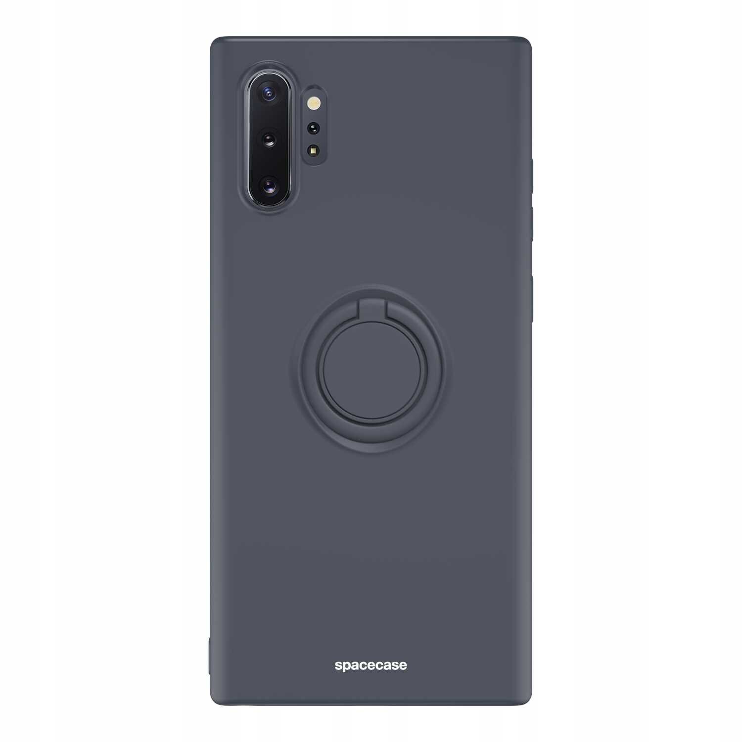 Czarne silikonowe etui z pierścieniem na tylnej stronie, przeznaczone do telefonu Galaxy Note 10+. Na dole widoczny jest napis \'spacecase\'.