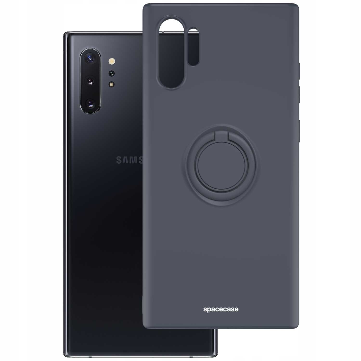 Czarne silikonowe etui z pierścieniem na tylnej stronie, obok smartfona z trzema kamerami i logo \'SAMSUNG\'. Na etui widoczny jest napis \'spacecase\'.