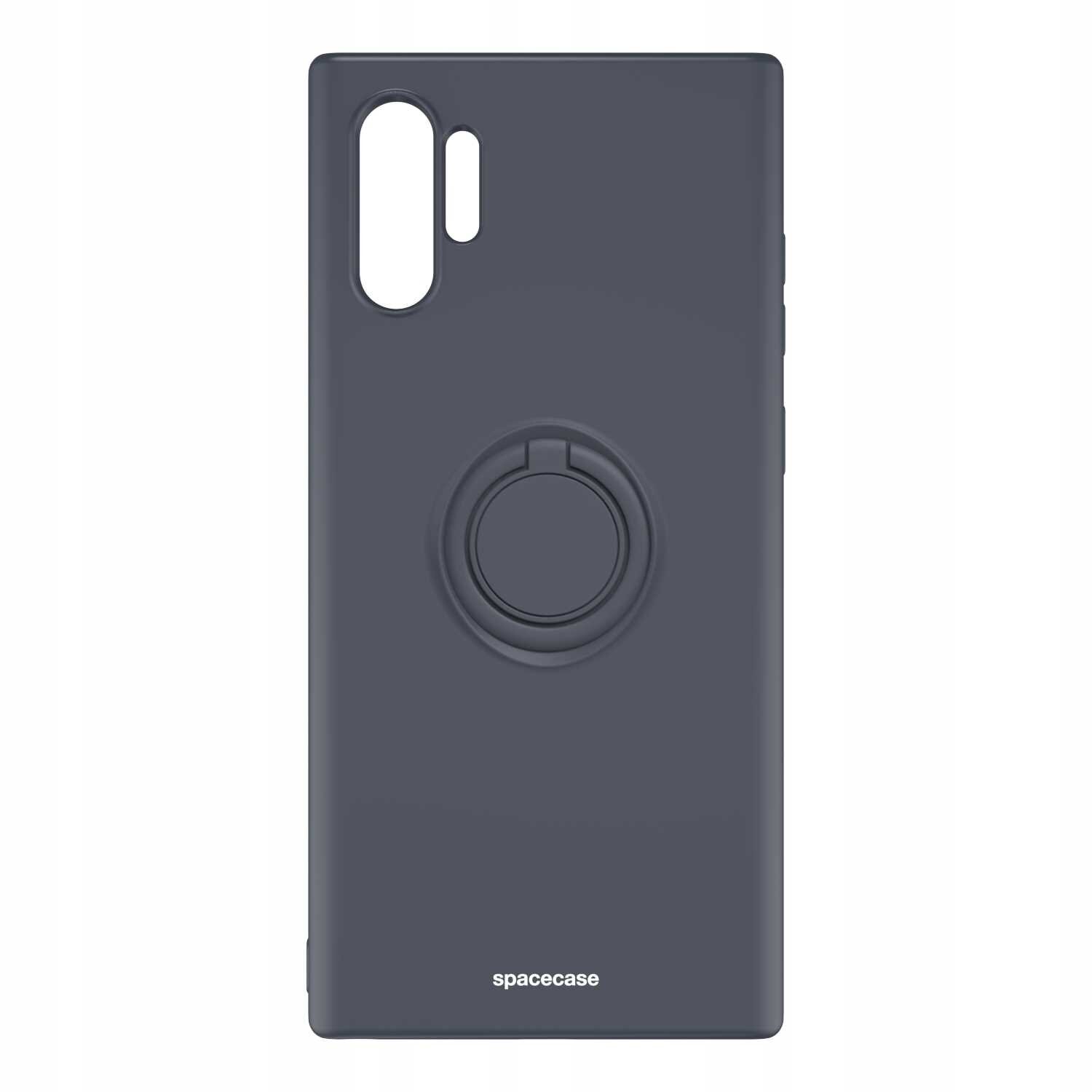 Czarne silikonowe etui z pierścieniem na tylnej stronie, przeznaczone do Galaxy Note 10+. Na dole widoczne jest logo \'spacecase\'.