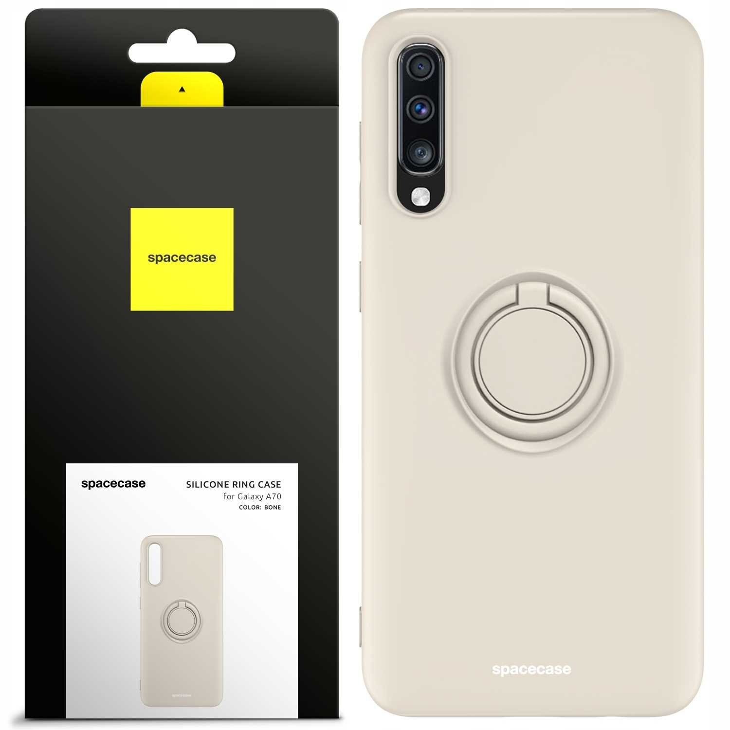 Beżowe silikonowe etui z pierścieniem na Galaxy A70, zaprezentowane obok opakowania z logo \'spacecase\'.
