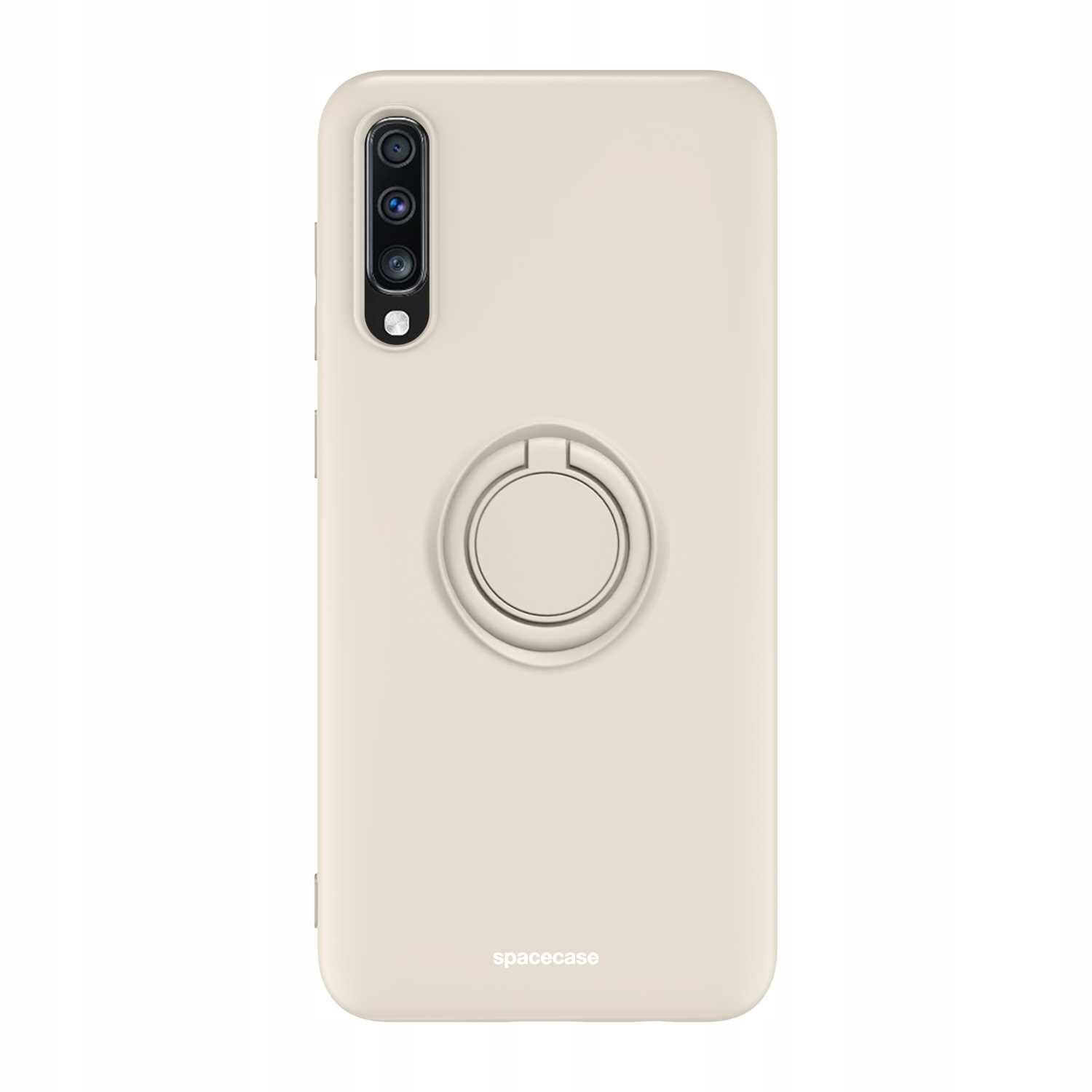 Beżowe silikonowe etui z pierścieniem na tylnej stronie, przeznaczone do telefonu Galaxy A70. Na dole widoczne jest logo \'spacecase\'.