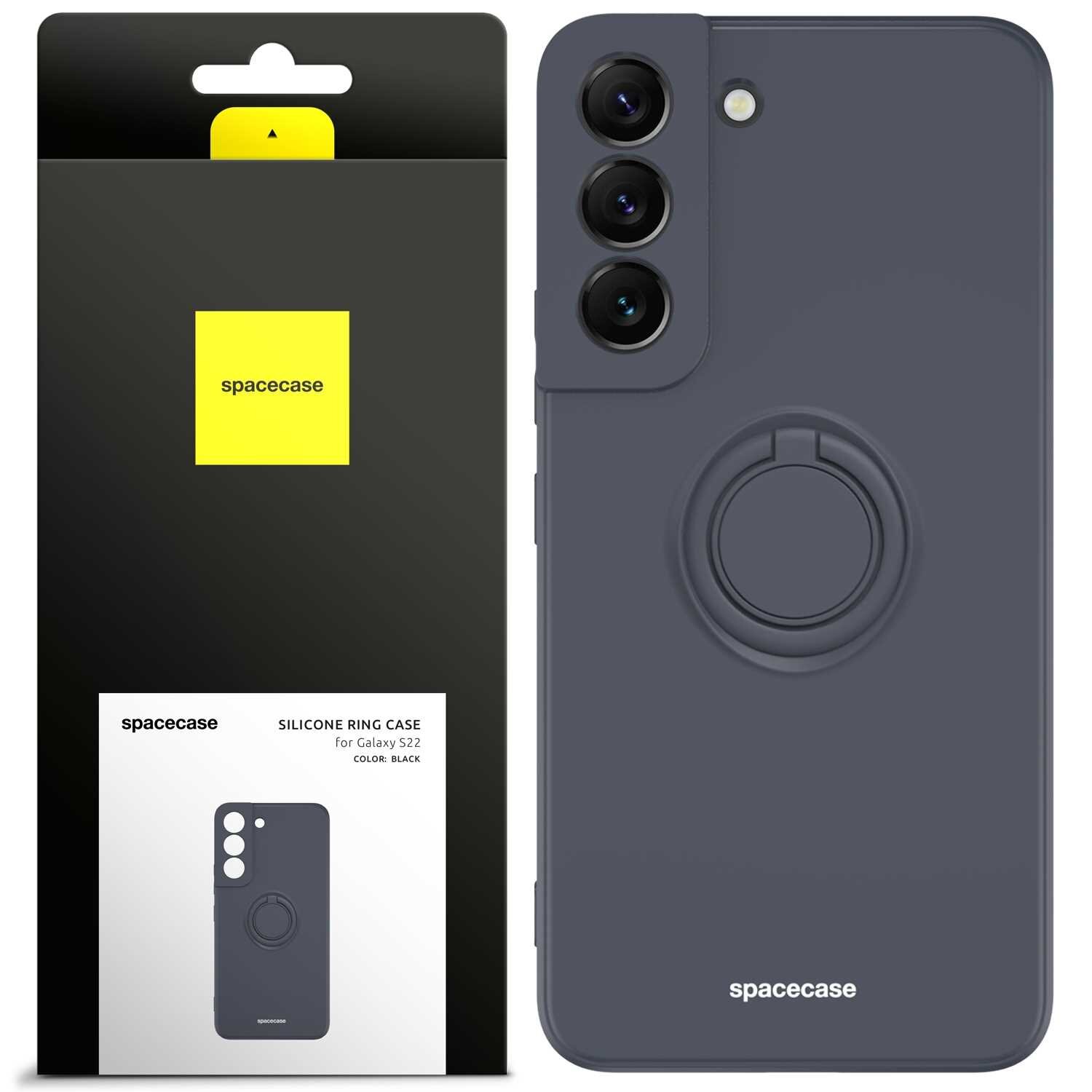 Obraz przedstawia czarne silikonowe etui z pierścieniem na telefon Galaxy S22. Opakowanie ma logo \'spacecase\' na żółtym tle oraz napis \'SILICONE RING CASE for Galaxy S22 COLOR: BLACK\'.