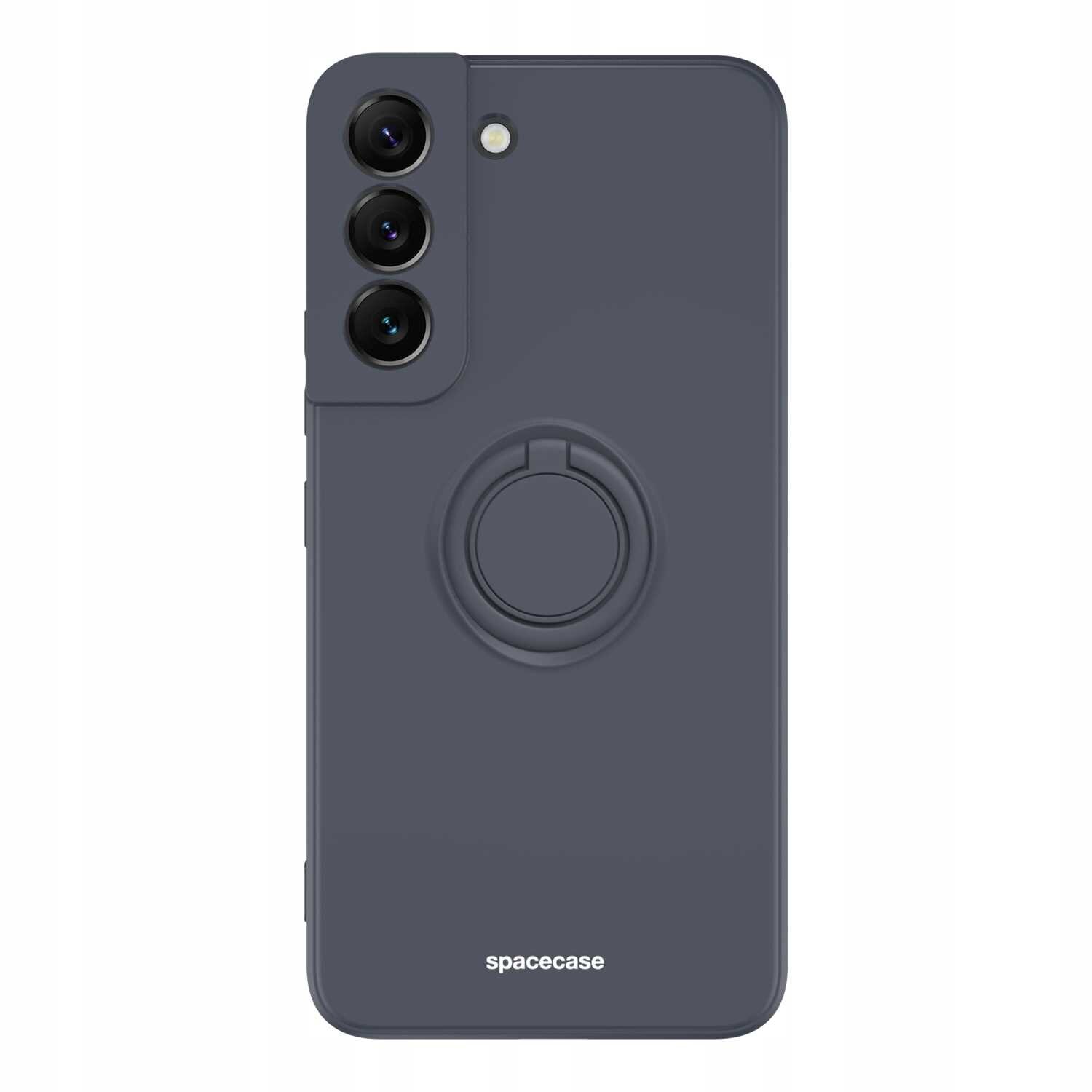 Czarne silikonowe etui z pierścieniem na tylnej stronie, przeznaczone do telefonu Galaxy S22. Na dole widoczny jest napis \'spacecase\'.