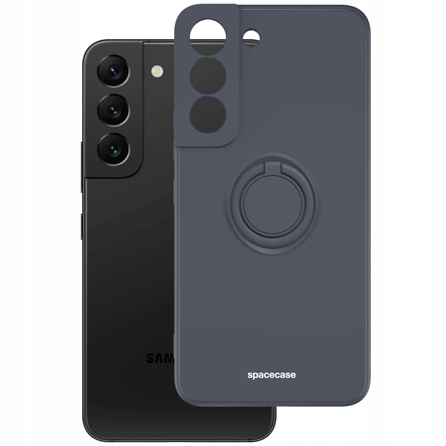 Na obrazie widoczne jest czarne silikonowe etui z napisem \'spacecase\' oraz telefon z trzema obiektywami aparatu. Etui posiada pierścień na tylnej części oraz wycięcia na aparat i inne elementy telefonu.
