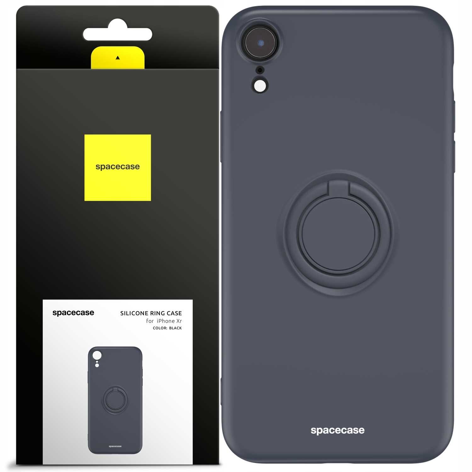 Czarne silikonowe etui z pierścieniem na iPhone XR, obok opakowanie z logo \'spacecase\'.