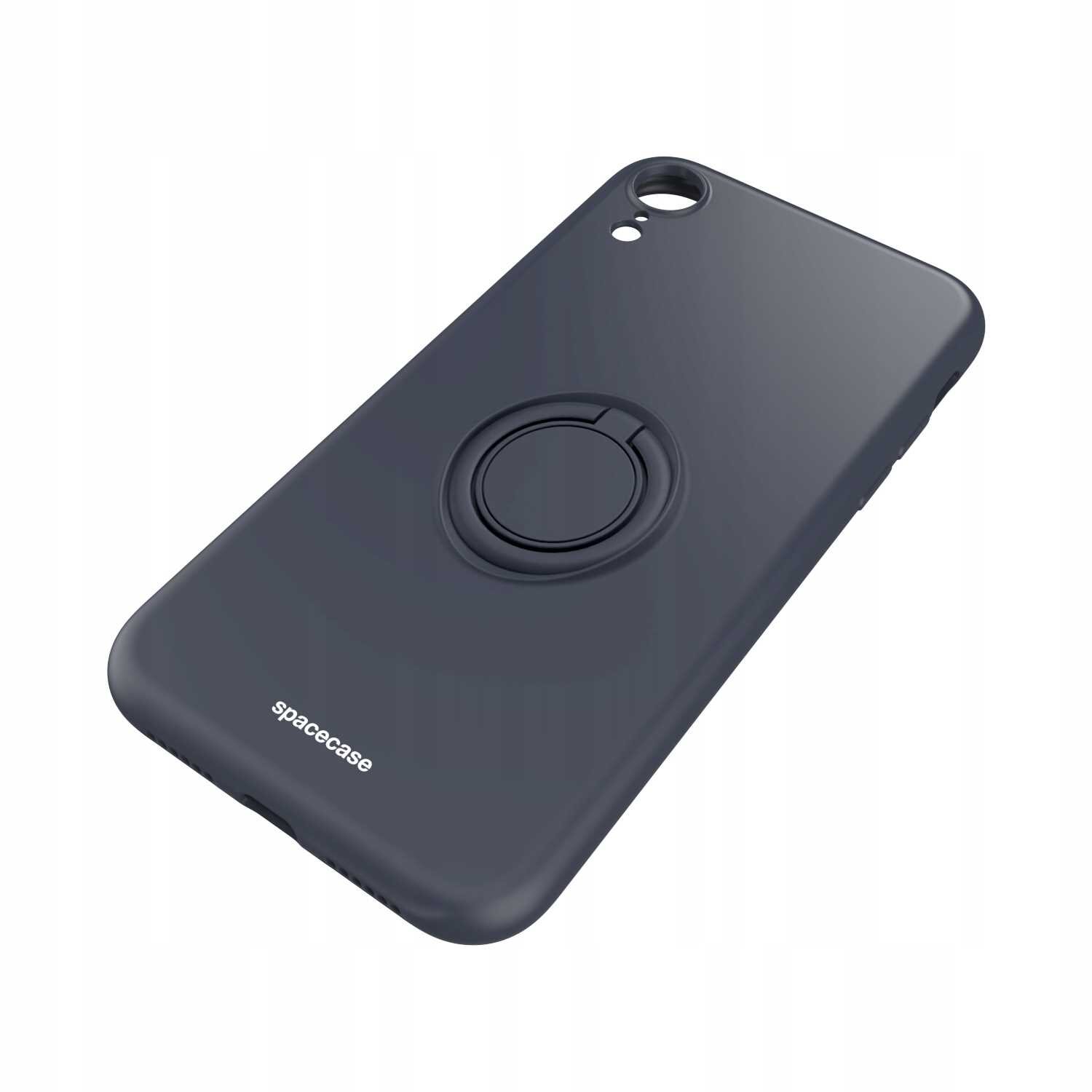 Czarne silikonowe etui z pierścieniem na tylnej stronie, przeznaczone do iPhone XR. Na etui widoczne jest logo \'spacecase\'.