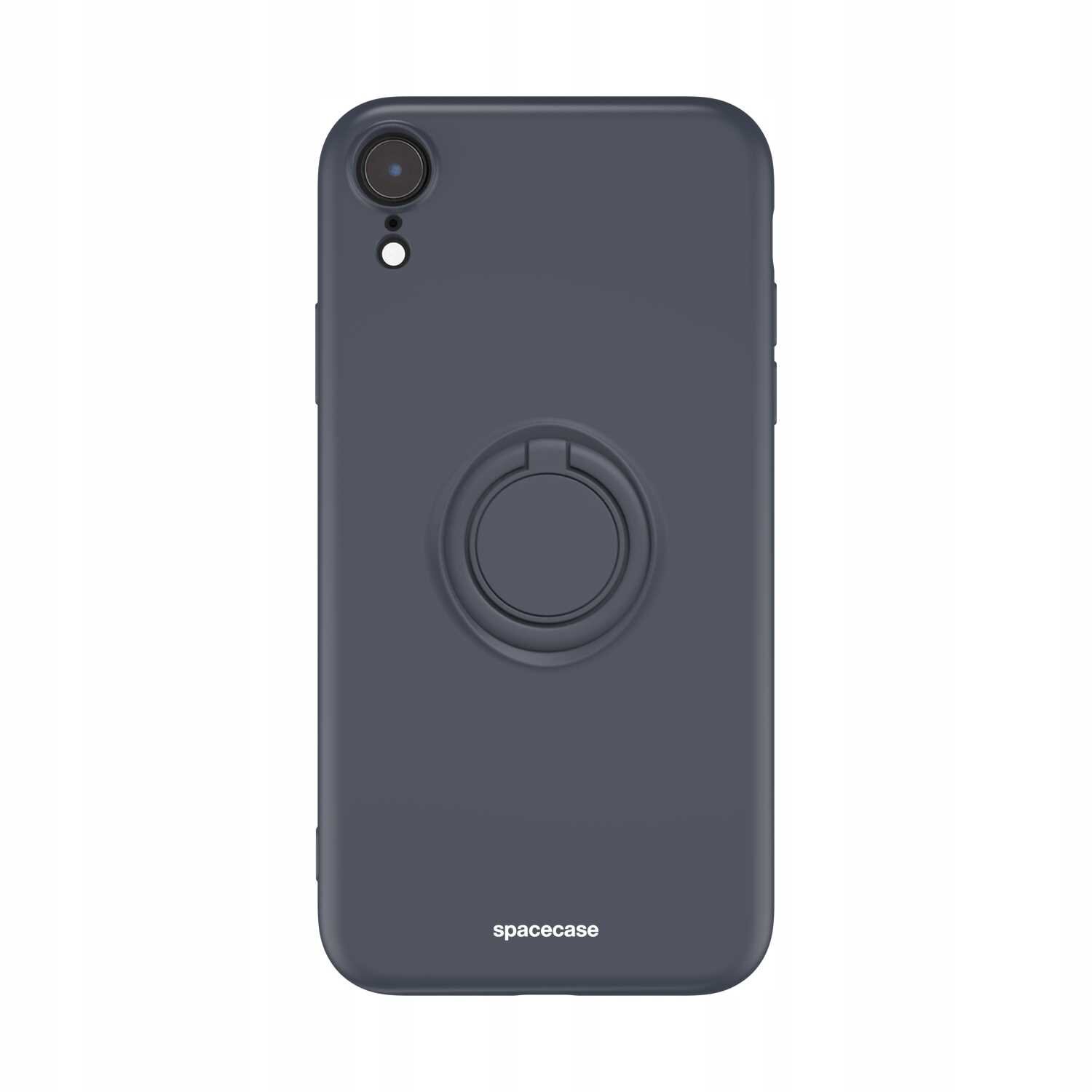 Czarne silikonowe etui z pierścieniem na tylnej części, przeznaczone do iPhone XR. Na dole widoczny jest napis \'spacecase\'.