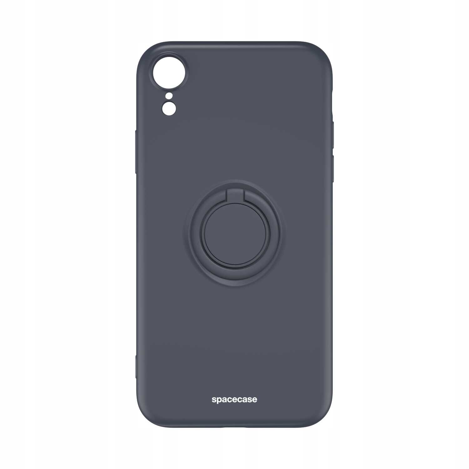 Czarne silikonowe etui z pierścieniem na tylnej stronie, przeznaczone do iPhone XR. Na dole widoczny jest napis \'spacecase\'.