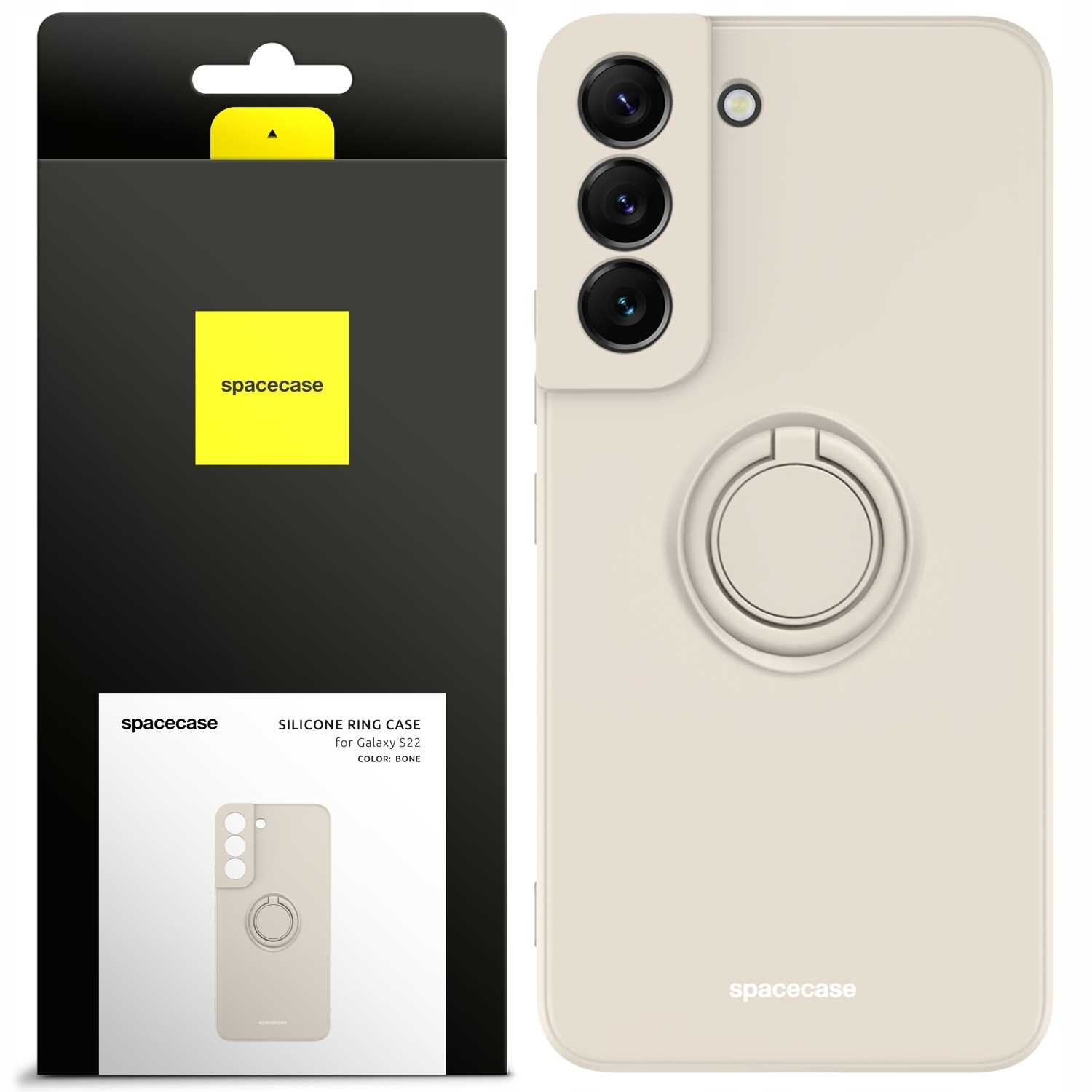 Obraz przedstawia beżowe silikonowe etui z pierścieniem na telefon, obok znajduje się opakowanie z logo \'spacecase\'. Na opakowaniu widnieje napis: \'SILICONE RING CASE for Galaxy S22 COLOR: BONE\'.