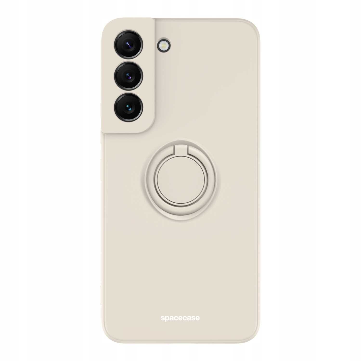 Beżowe silikonowe etui z pierścieniem na tylnej części, przeznaczone do telefonu z trzema obiektywami aparatu. Na dole widoczne jest logo \'spacecase\'.