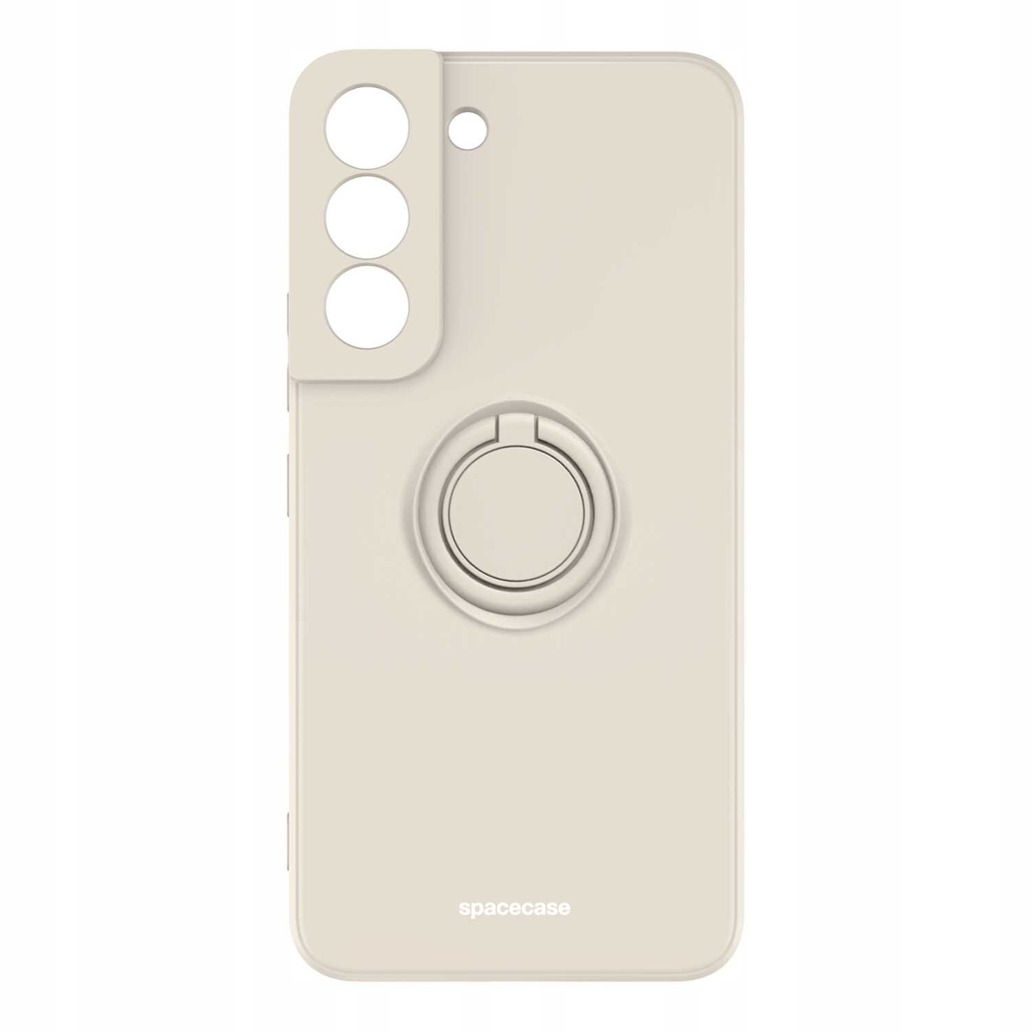 Beżowe silikonowe etui z pierścieniem na tylnej stronie, przeznaczone do telefonu Galaxy S22. Na dole widoczny jest napis \'spacecase\'.