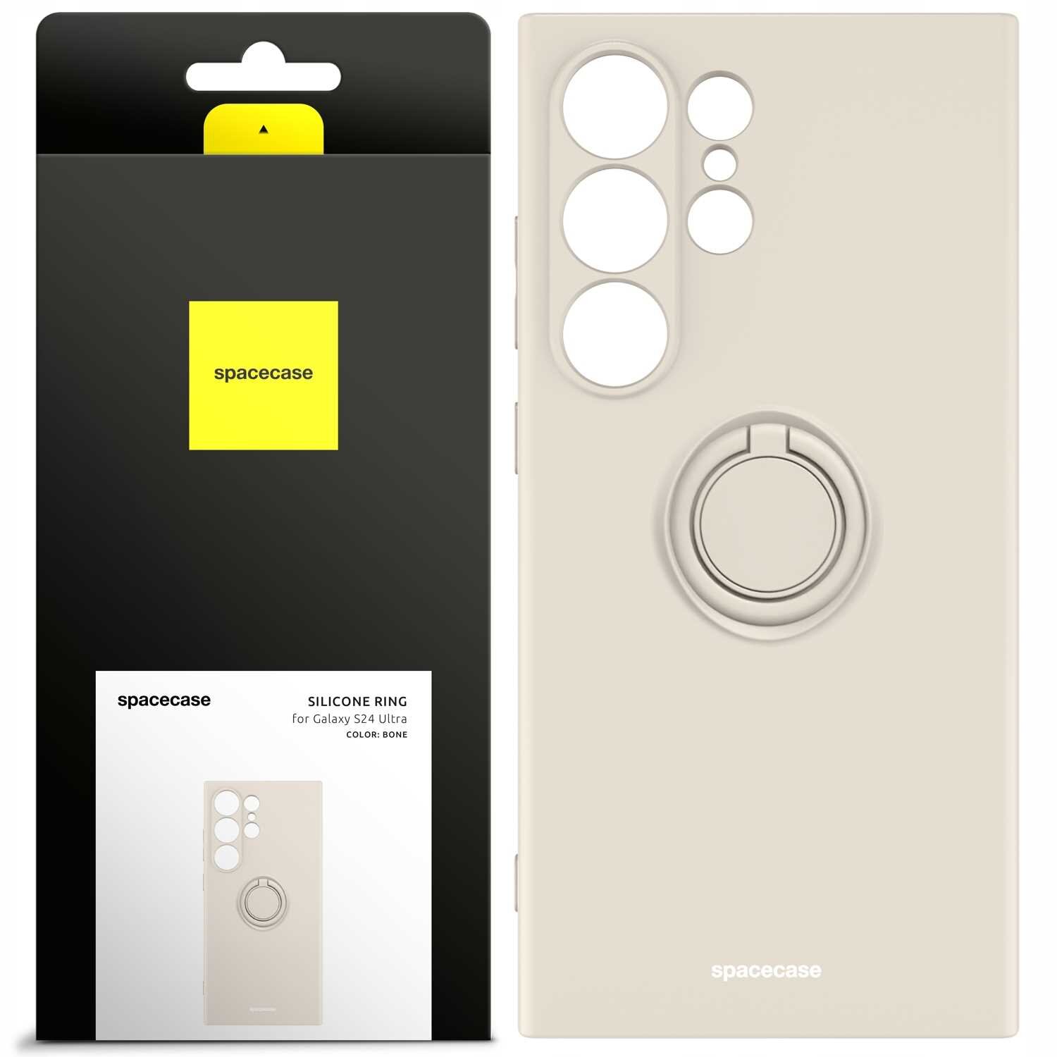 Obraz przedstawia beżowe silikonowe etui z pierścieniem, przeznaczone do Galaxy S24 Ultra. Obok znajduje się opakowanie z logo \'spacecase\' i opisem produktu: \'SILICONE RING for Galaxy S24 Ultra COLOR: BONE\'.