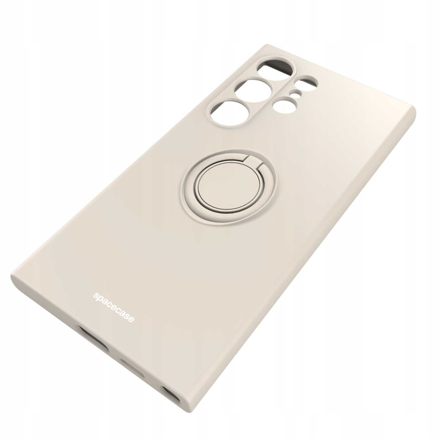 Beżowe silikonowe etui z otworami na aparat i wbudowanym pierścieniem. Na etui widoczne jest logo \'spacecase\'.