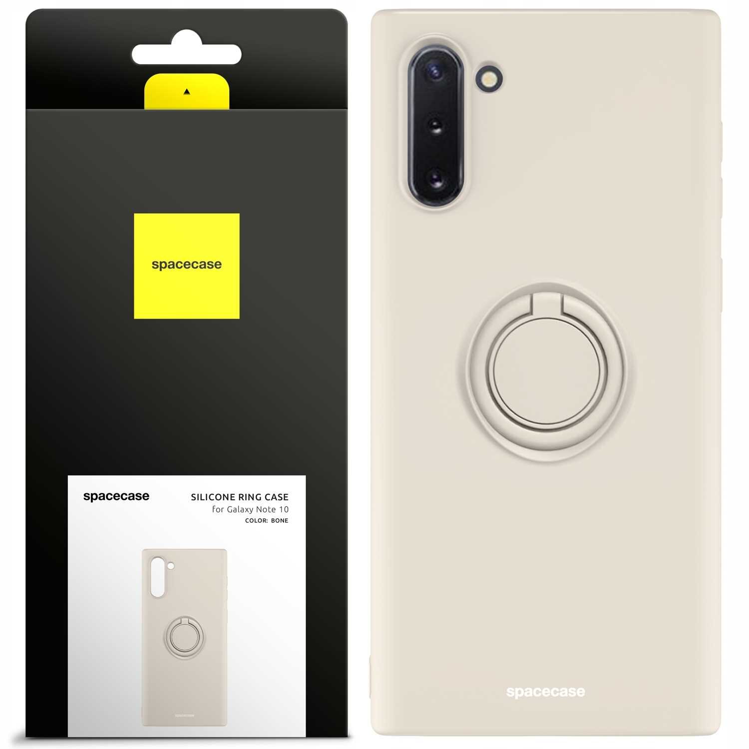 Obraz przedstawia beżowe silikonowe etui z pierścieniem na Galaxy Note 10 oraz opakowanie z logo \'spacecase\'. Na opakowaniu widnieje napis: \'SILICONE RING CASE for Galaxy Note 10 COLOR: BONE\'.