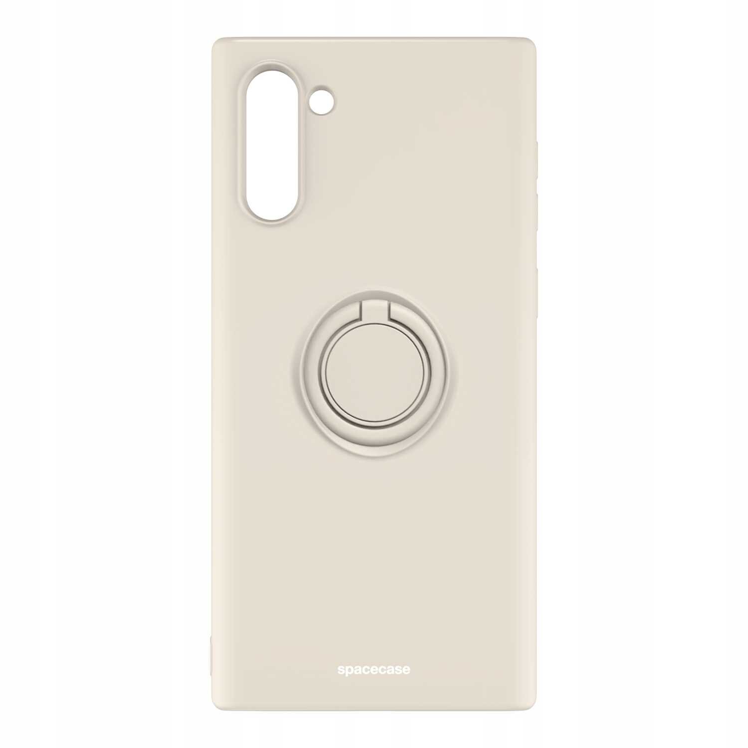 Beżowe silikonowe etui z pierścieniem na tylnej stronie, przeznaczone do telefonu. Na dole widoczny jest napis \'spacecase\'.