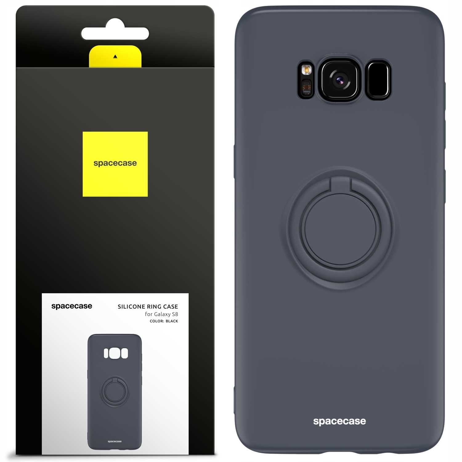 Obraz przedstawia czarne silikonowe etui z pierścieniem na Galaxy S8 oraz jego opakowanie z logo \'spacecase\'. Na opakowaniu widnieje napis: \'SILICONE RING CASE for Galaxy S8 COLOR: BLACK\'.
