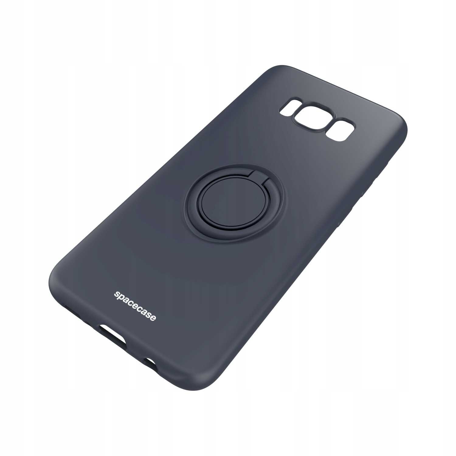 Czarne silikonowe etui z pierścieniem na tylnej stronie, przeznaczone do telefonu Galaxy S8. Na etui widoczne jest logo \'spacecase\'.