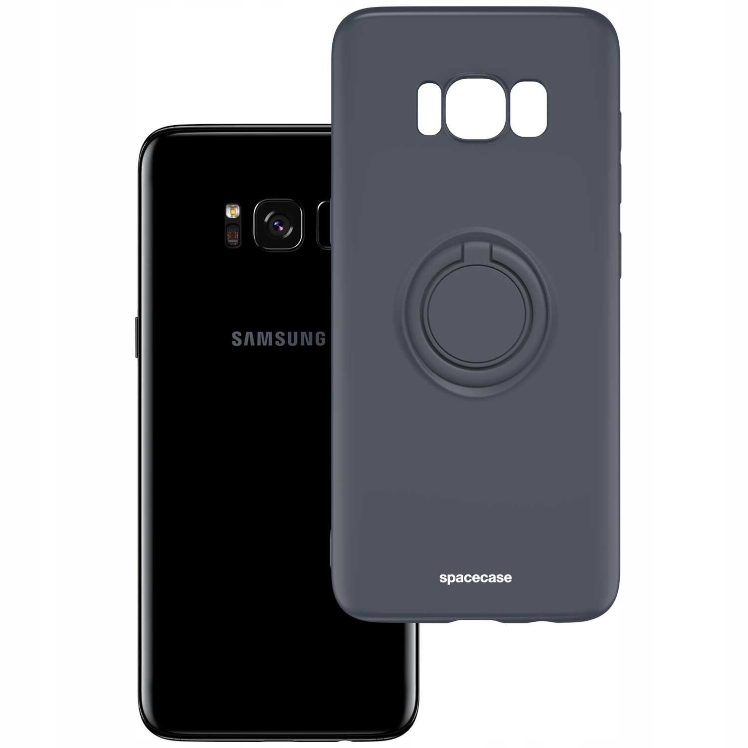 Na obrazie widoczne jest czarne silikonowe etui z pierścieniem, obok czarnego smartfona z logo \'Samsung\'. Na etui znajduje się napis \'spacecase\'.