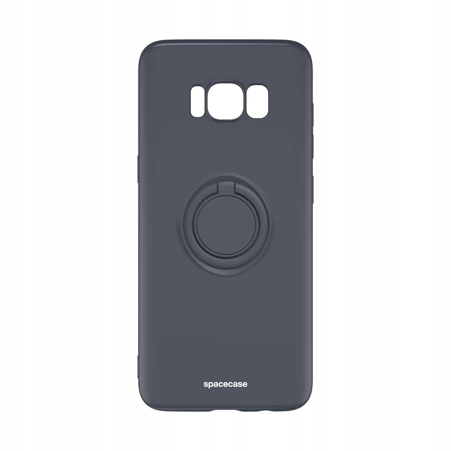 Czarne silikonowe etui z pierścieniem na tylnej stronie, przeznaczone do telefonu Galaxy S8. Na dole widoczne jest logo \'spacecase\'.