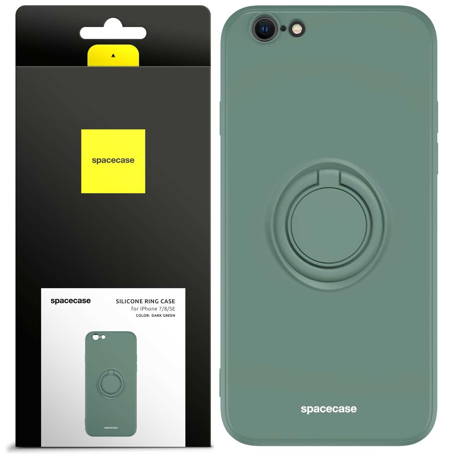 Zielone silikonowe etui z pierścieniem na tylnym panelu, przeznaczone do iPhone 7/8/SE. Opakowanie z logo \'spacecase\' i opisem produktu: \'SILICONE RING CASE for iPhone 7/8/SE COLOR: DARK GREEN\'.