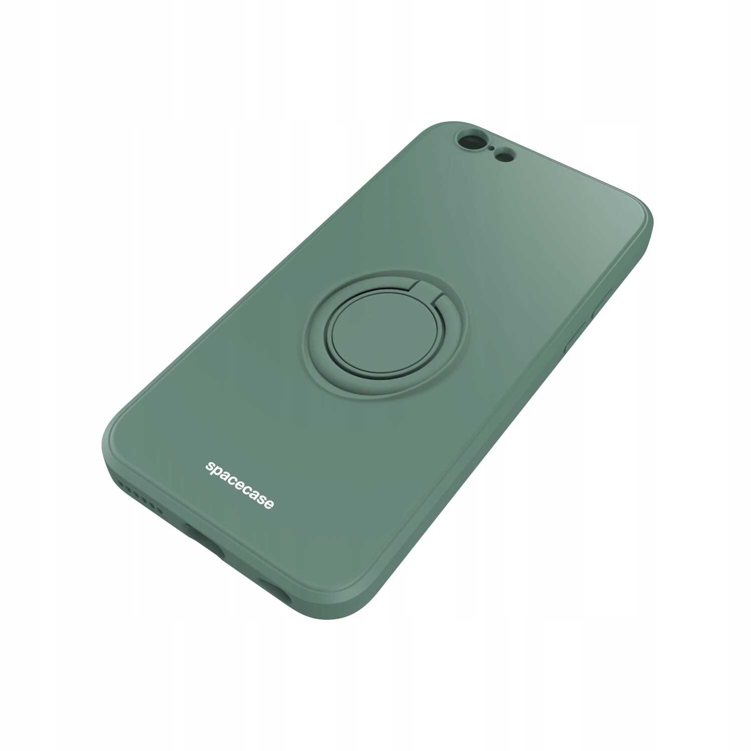 Zielone silikonowe etui z okrągłym uchwytem na tylnej stronie. Widoczne jest logo \'spacecase\'.