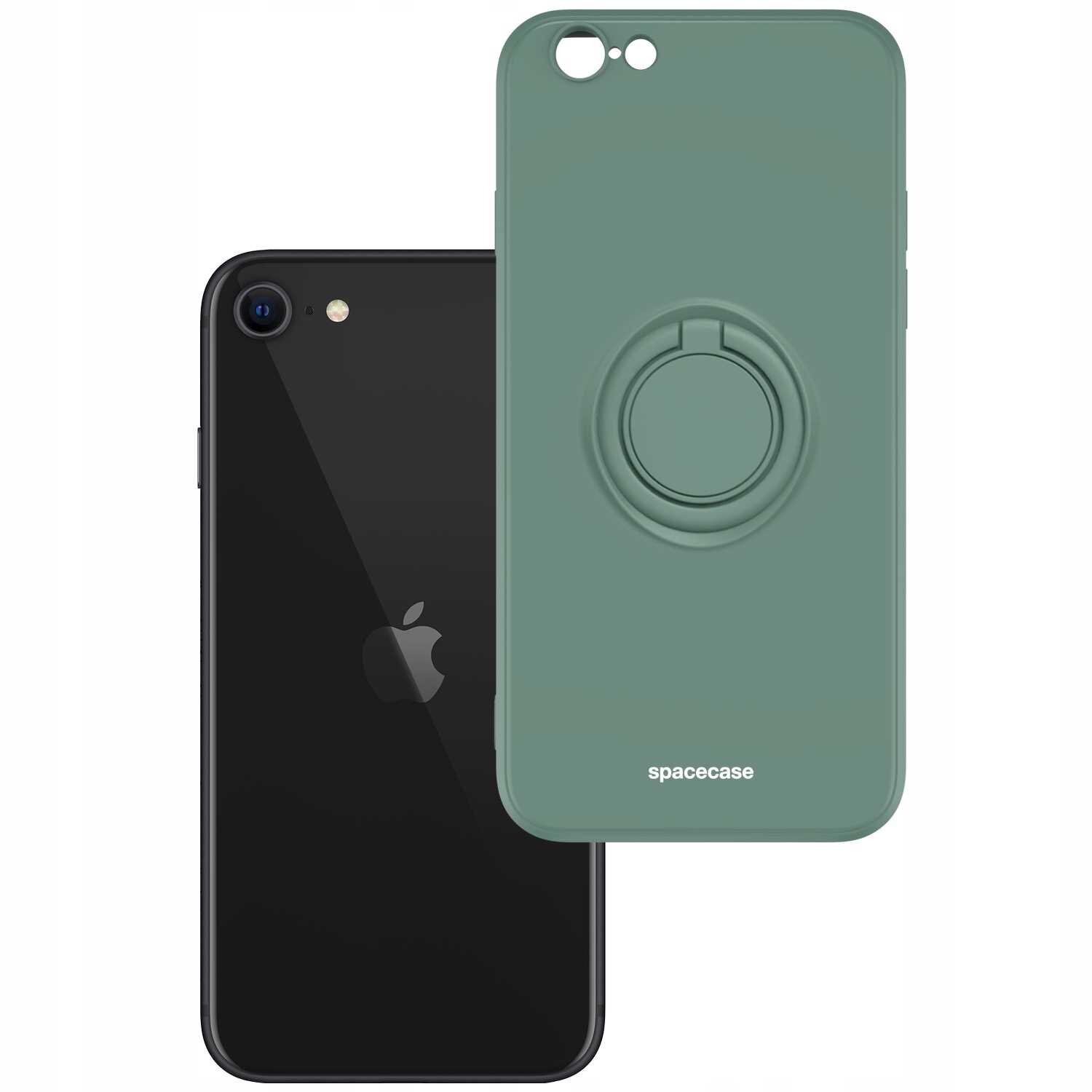 Na obrazie widoczne jest zielone silikonowe etui z pierścieniem oraz czarny telefon z logo jabłka. Na etui znajduje się napis \'spacecase\'.