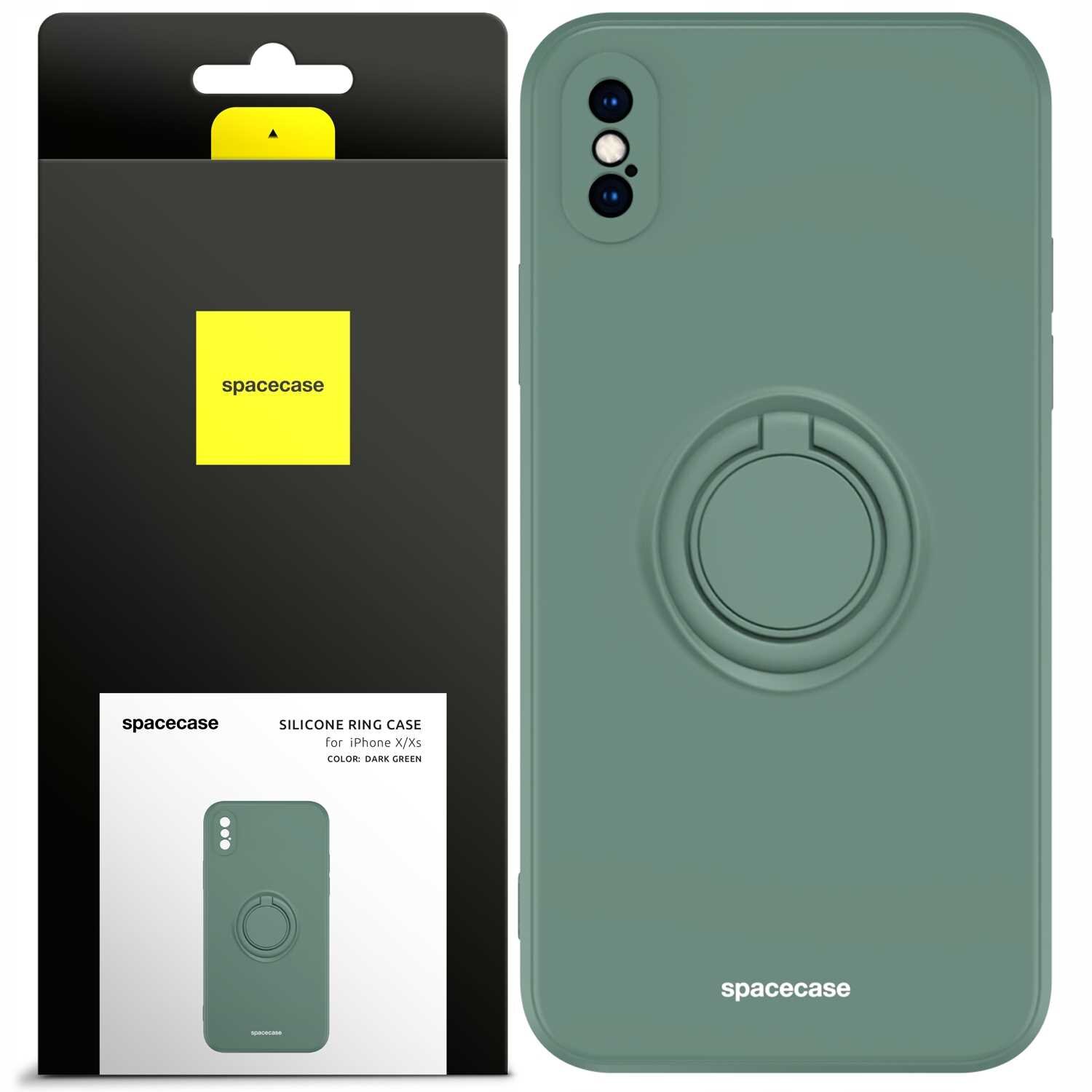 Zielone silikonowe etui z pierścieniem na iPhone X/Xs, zapakowane w czarne opakowanie z żółtym logo \'spacecase\'. Na opakowaniu widnieje napis: \'SILICONE RING CASE for iPhone X/Xs COLOR: DARK GREEN\'.