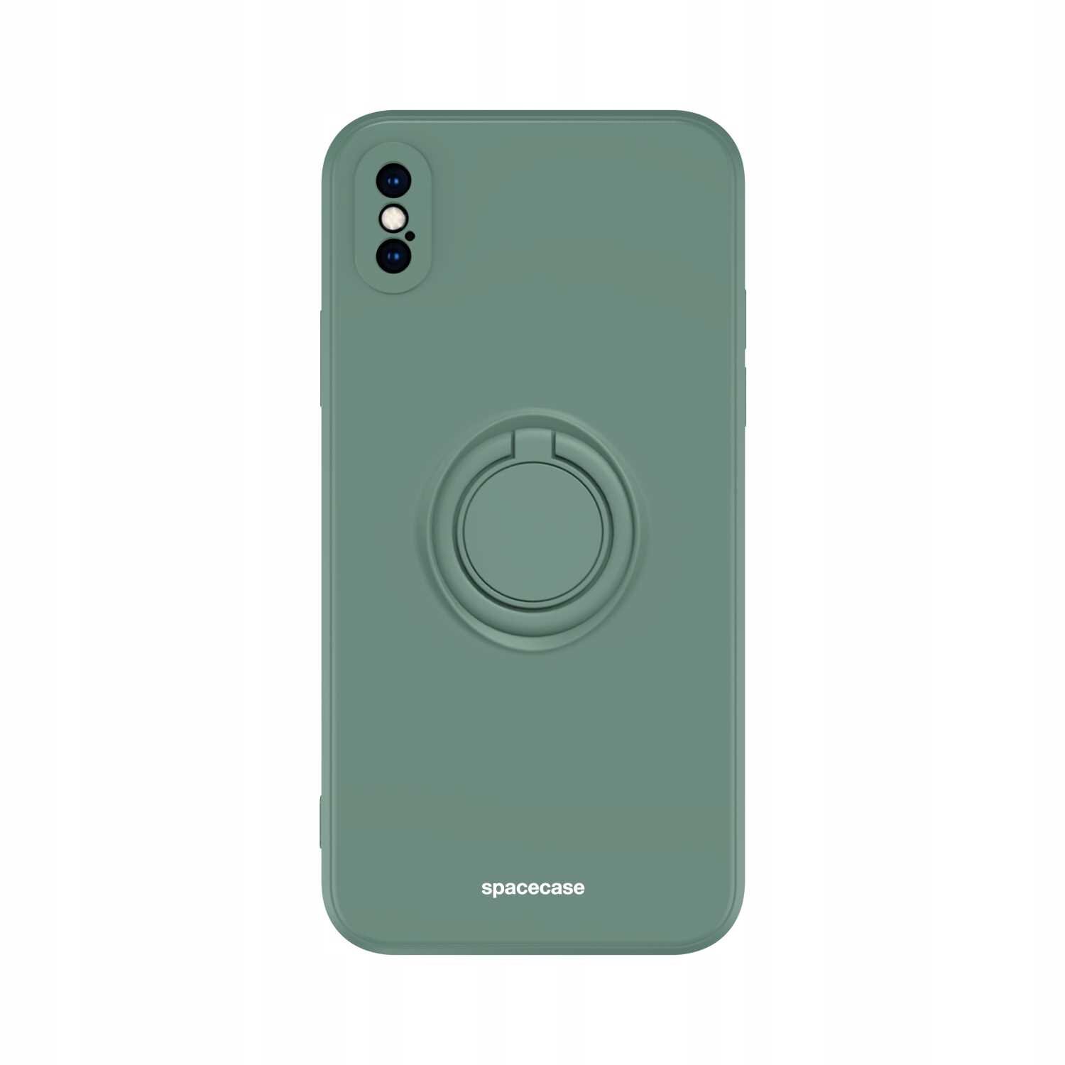Zielone silikonowe etui z pierścieniem na tylnej stronie, przeznaczone do iPhone X/Xs. Na dole widoczny jest napis \'spacecase\'.