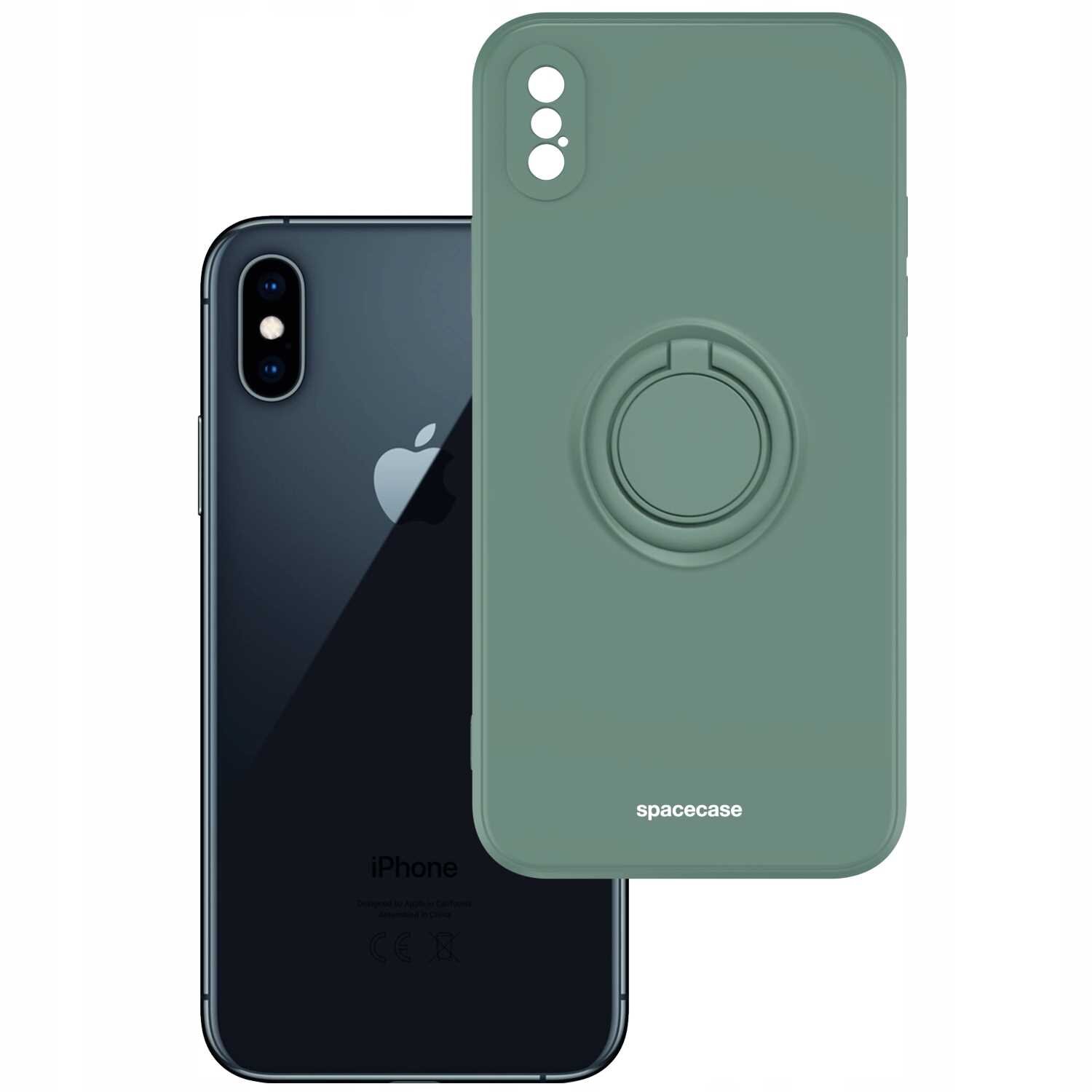Zielone silikonowe etui z pierścieniem na tylnej stronie, z napisem \'spacecase\'. Obok widoczny jest czarny telefon z logo jabłka.