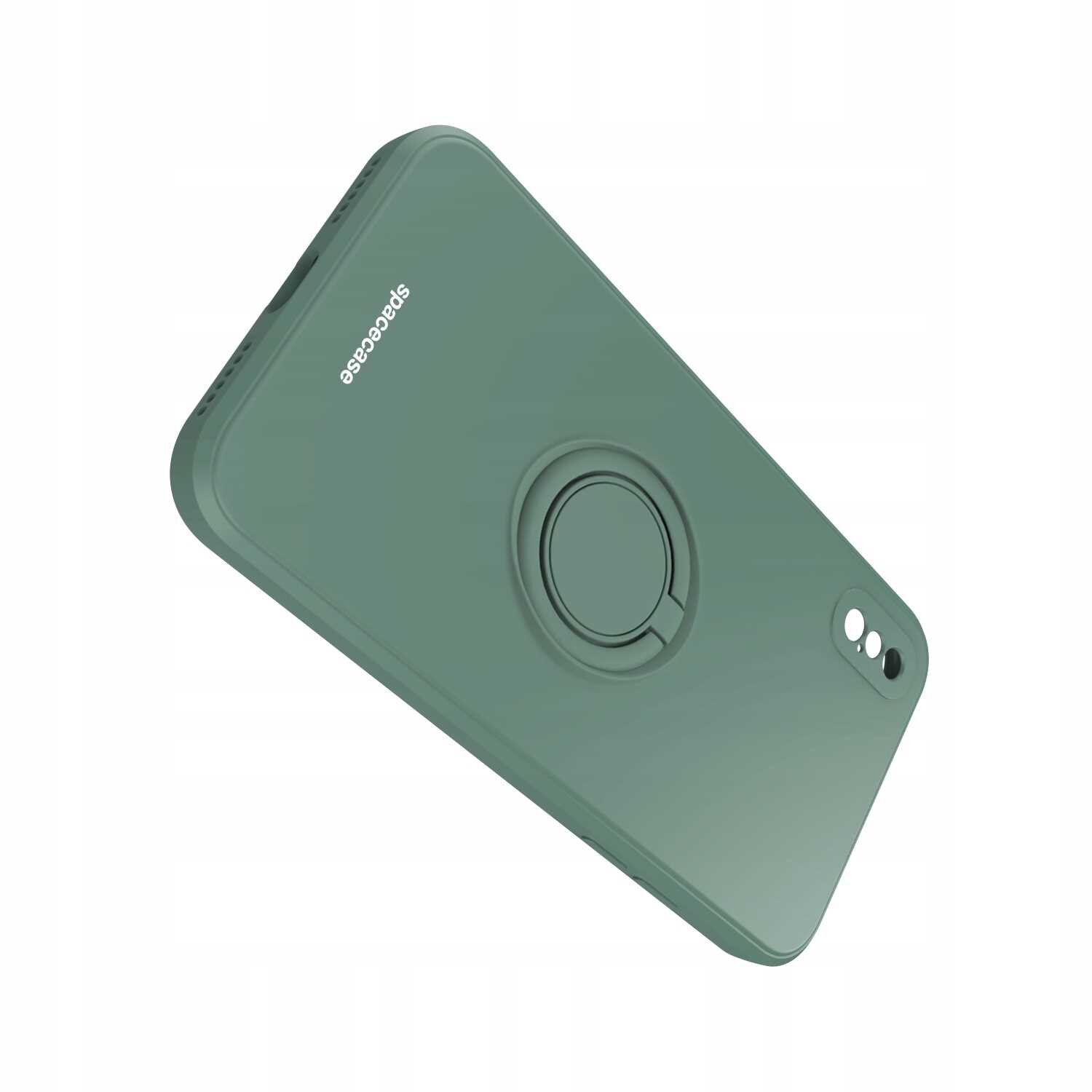 Zielone silikonowe etui z napisem \'spacecase\' i wbudowanym pierścieniem na tylnej części. Etui posiada wycięcia na aparat i przyciski.