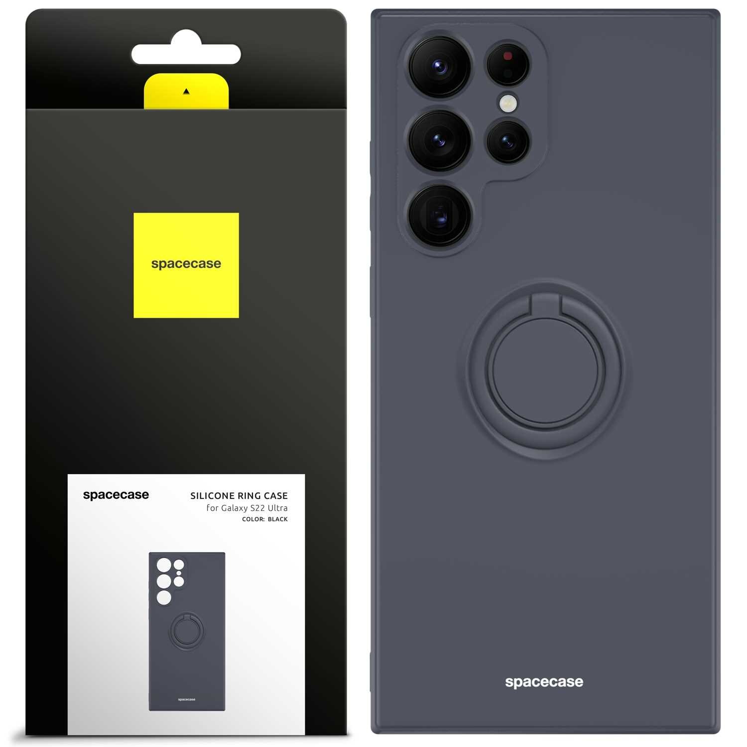 Obraz przedstawia czarne silikonowe etui z pierścieniem na Galaxy S22 Ultra oraz jego opakowanie z logo \'spacecase\'. Na opakowaniu widnieje napis: \'SILICONE RING CASE for Galaxy S22 Ultra COLOR: BLACK\'.