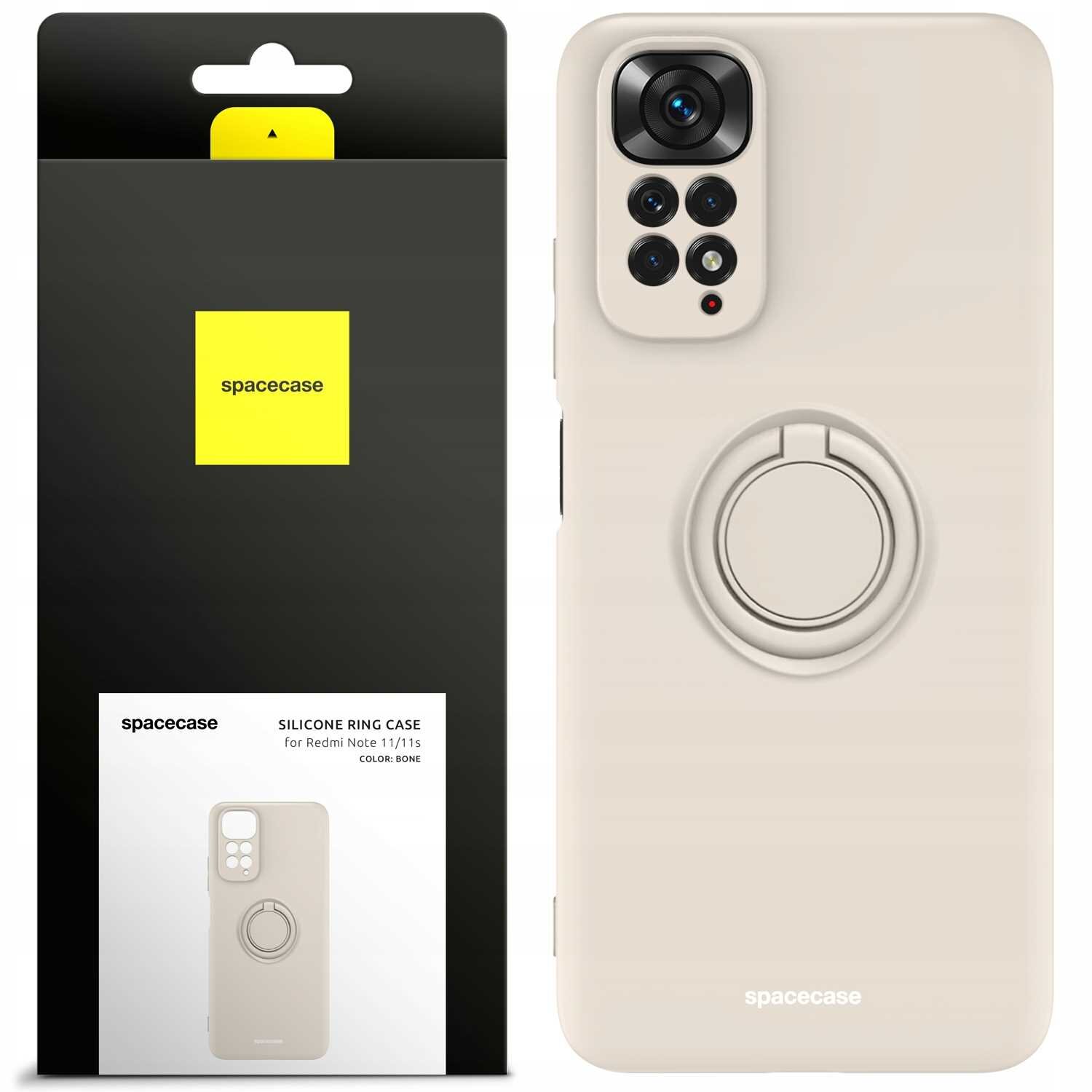 Obraz przedstawia beżowe silikonowe etui z pierścieniem na telefon, obok znajduje się opakowanie z logo \'spacecase\'. Na opakowaniu widnieje napis: \'SILICONE RING CASE for Redmi Note 11/11s COLOR: BONE\'.