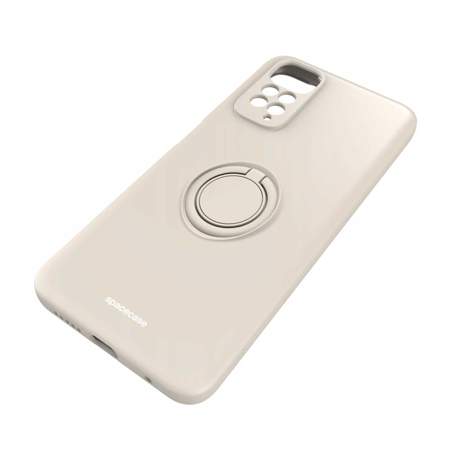 Beżowe silikonowe etui z pierścieniem na tylnej stronie, przeznaczone do telefonu. Widoczne logo: spacecase.