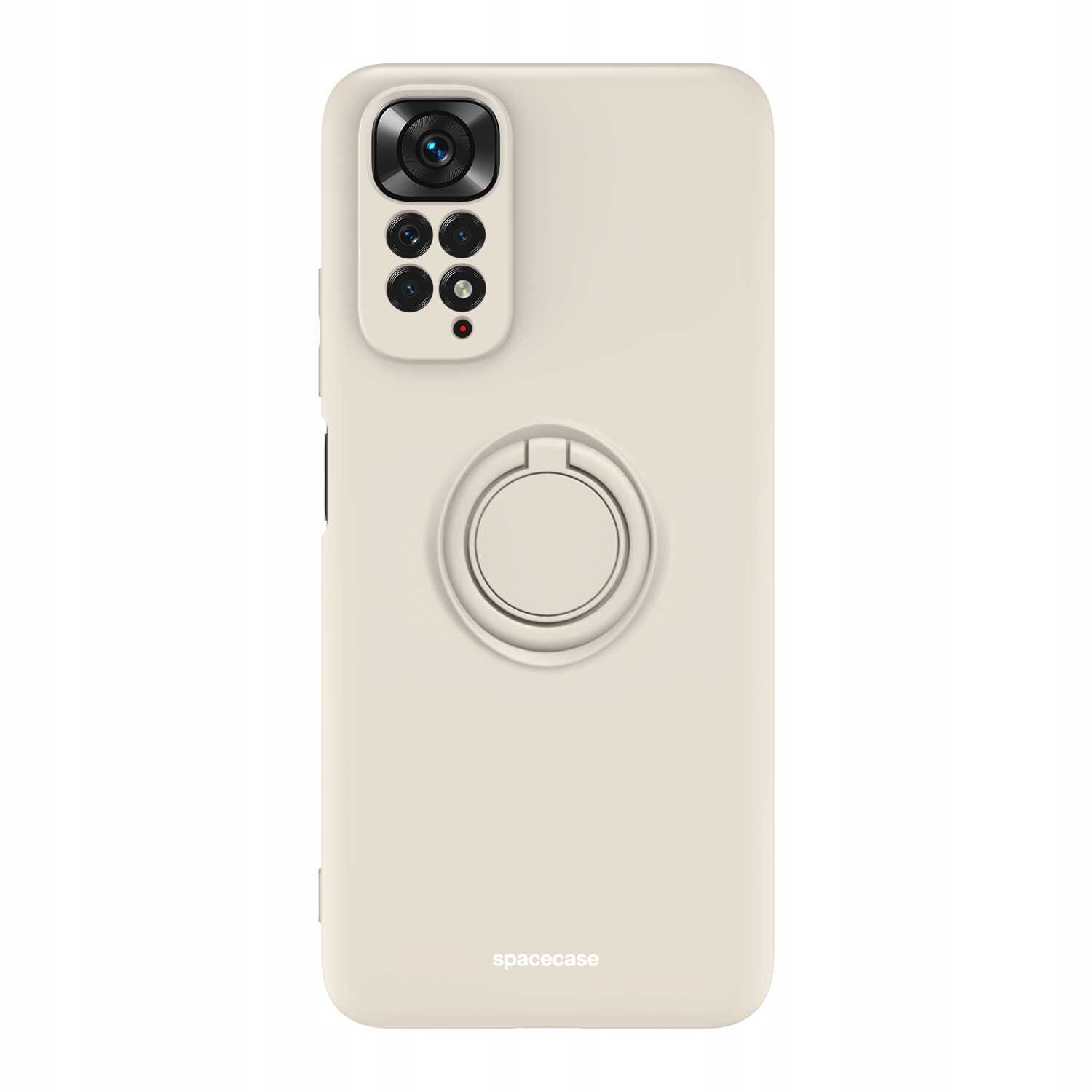 Beżowe silikonowe etui z pierścieniem na tylnej stronie, przeznaczone do telefonu z czterema obiektywami aparatu. Na dole widoczny jest napis \'spacecase\'.