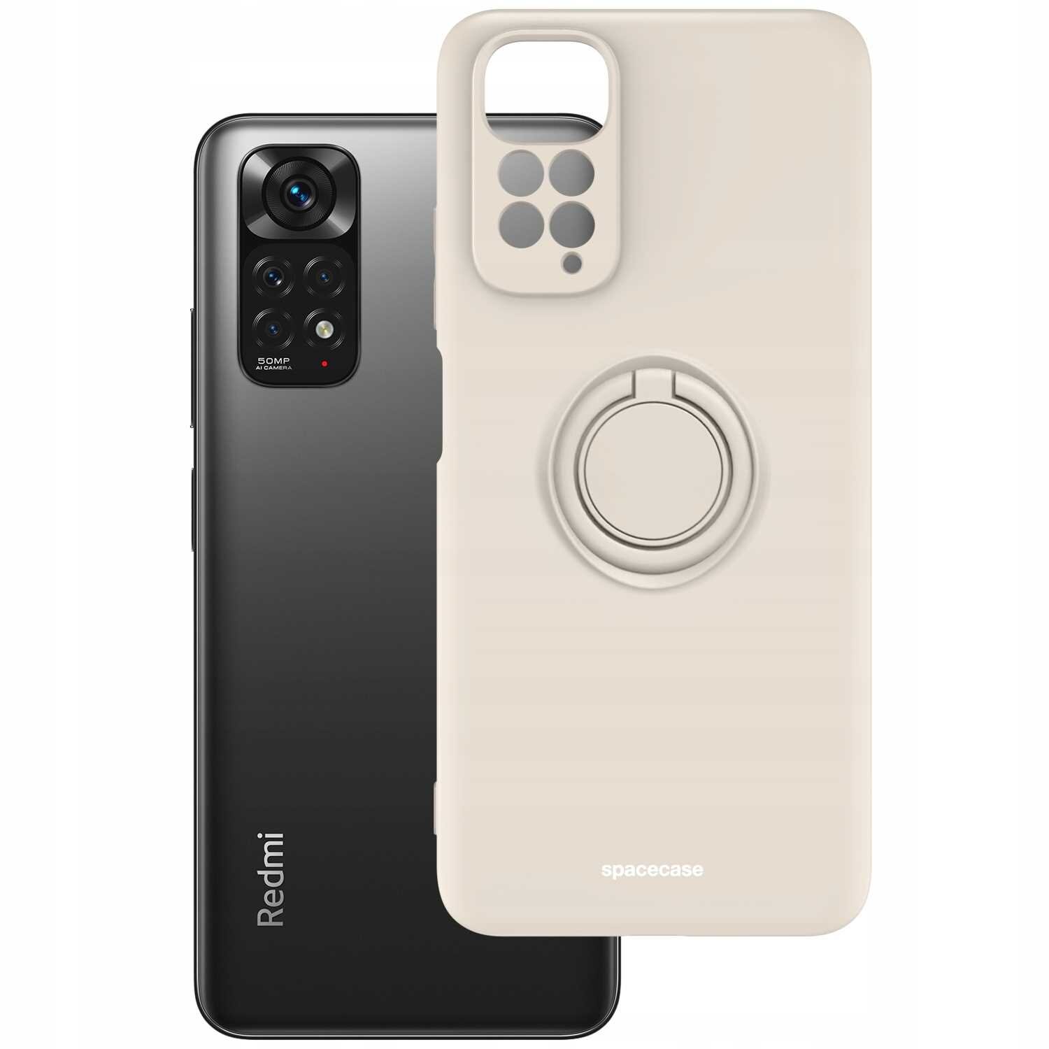 Na obrazie widoczne jest beżowe silikonowe etui z pierścieniem, obok czarnego smartfona z kilkoma aparatami. Na etui znajduje się napis \'spacecase\'.