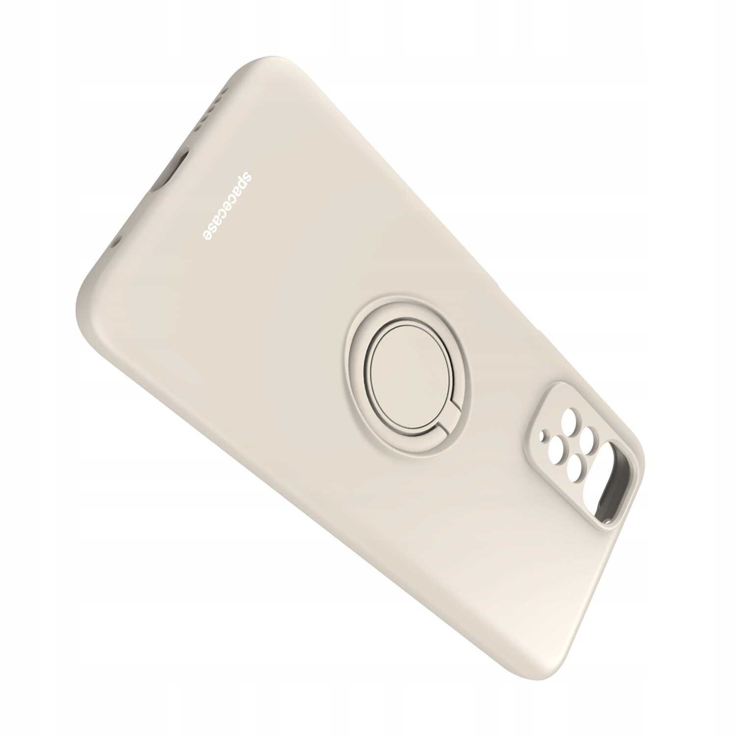 Beżowe silikonowe etui z pierścieniem na tylnej stronie, przeznaczone do telefonu Redmi Note 11/11s. Na etui widoczne jest logo \'spacecase\'.
