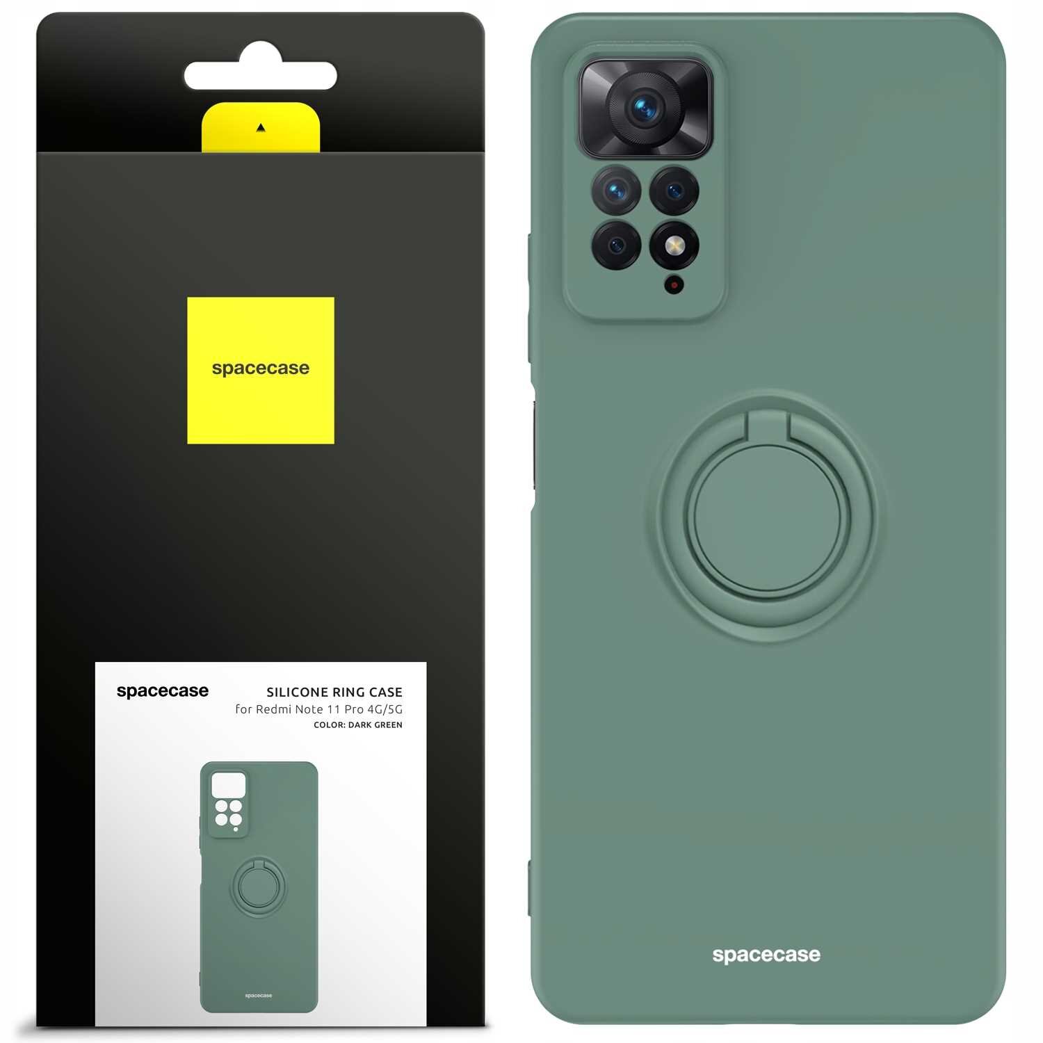 Zielone silikonowe etui z pierścieniem na tył telefonu, zapakowane w czarne opakowanie z żółtym logo \'spacecase\'. Na opakowaniu widnieje napis: \'SILICONE RING CASE for Redmi Note 11 Pro 4G/5G COLOR: DARK GREEN\'.