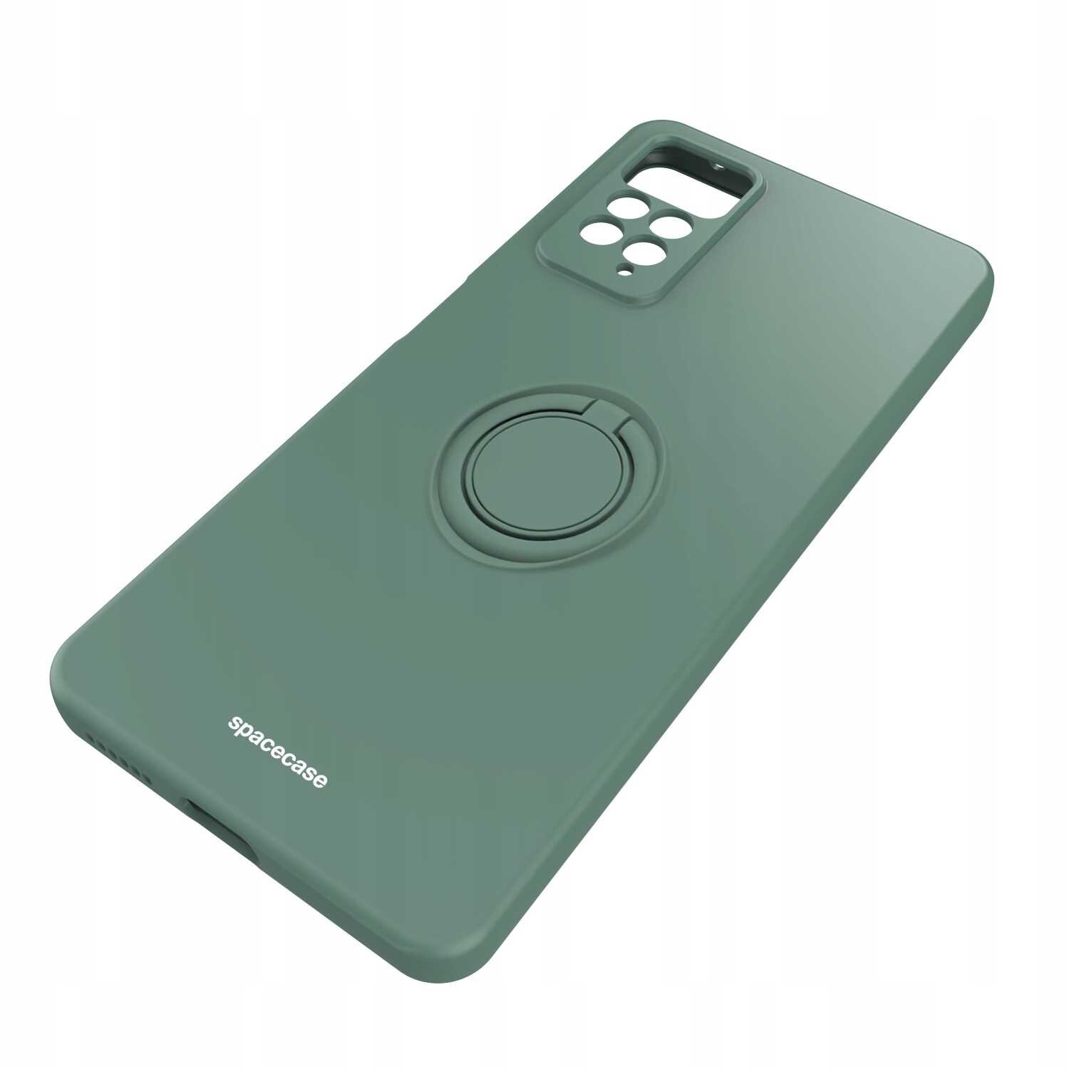 Zielone silikonowe etui z pierścieniem na tylnej stronie, przeznaczone do telefonu. Na etui widoczne jest logo \'spacecase\'.