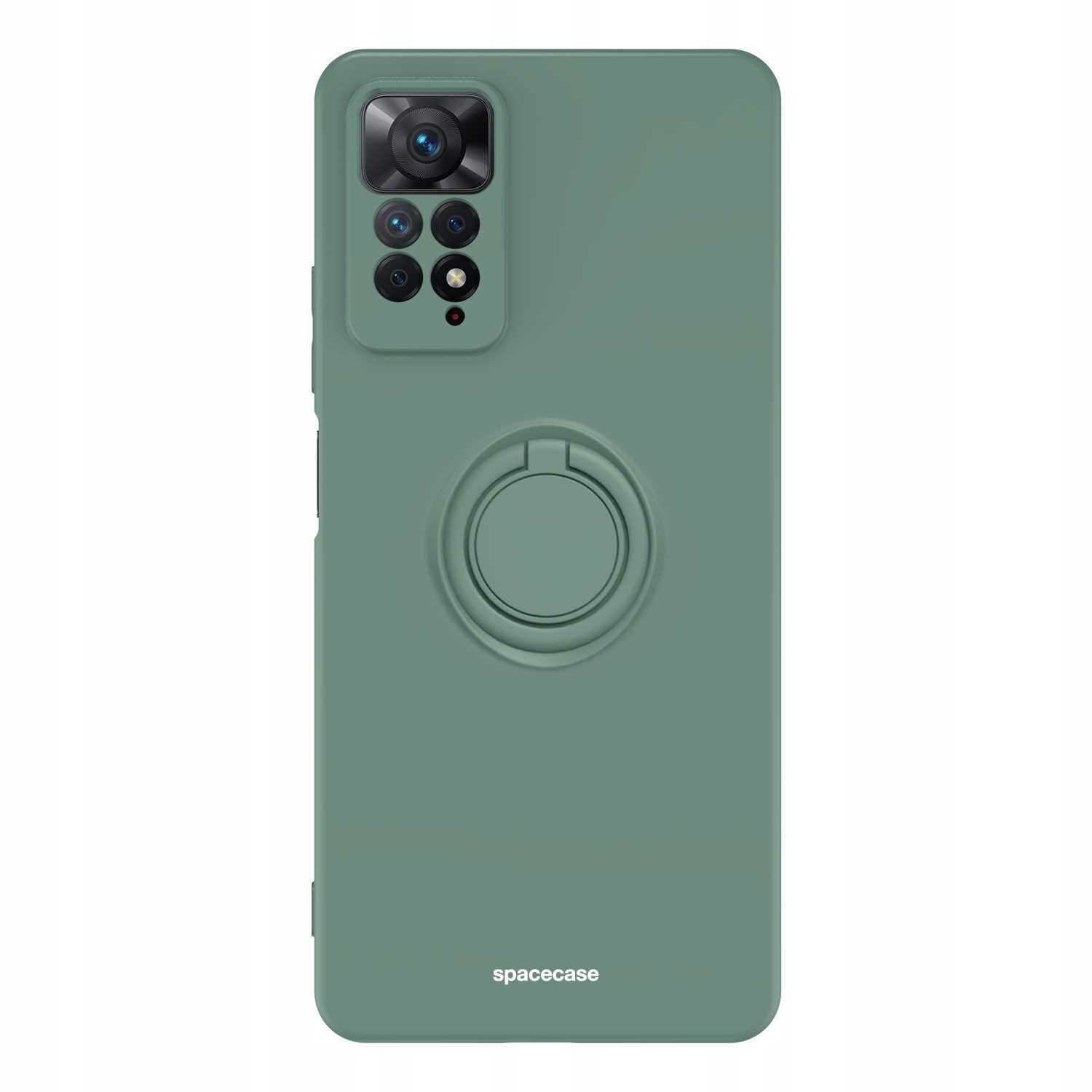 Zielone silikonowe etui z pierścieniem na tylnej stronie, przeznaczone do telefonu. Na dole widoczny jest napis \'spacecase\'.