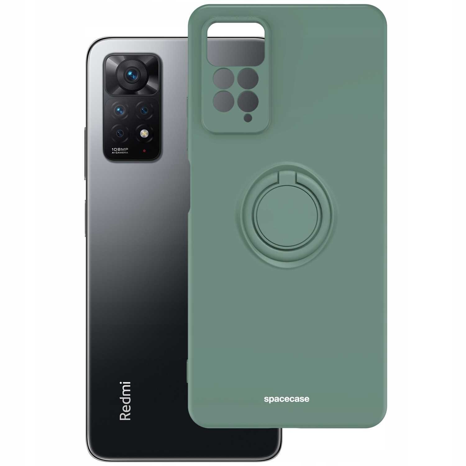 Zielone silikonowe etui z pierścieniem na tył telefonu, obok którego widoczny jest telefon z czarnym panelem i kilkoma obiektywami aparatu. Na etui znajduje się napis \'spacecase\'.