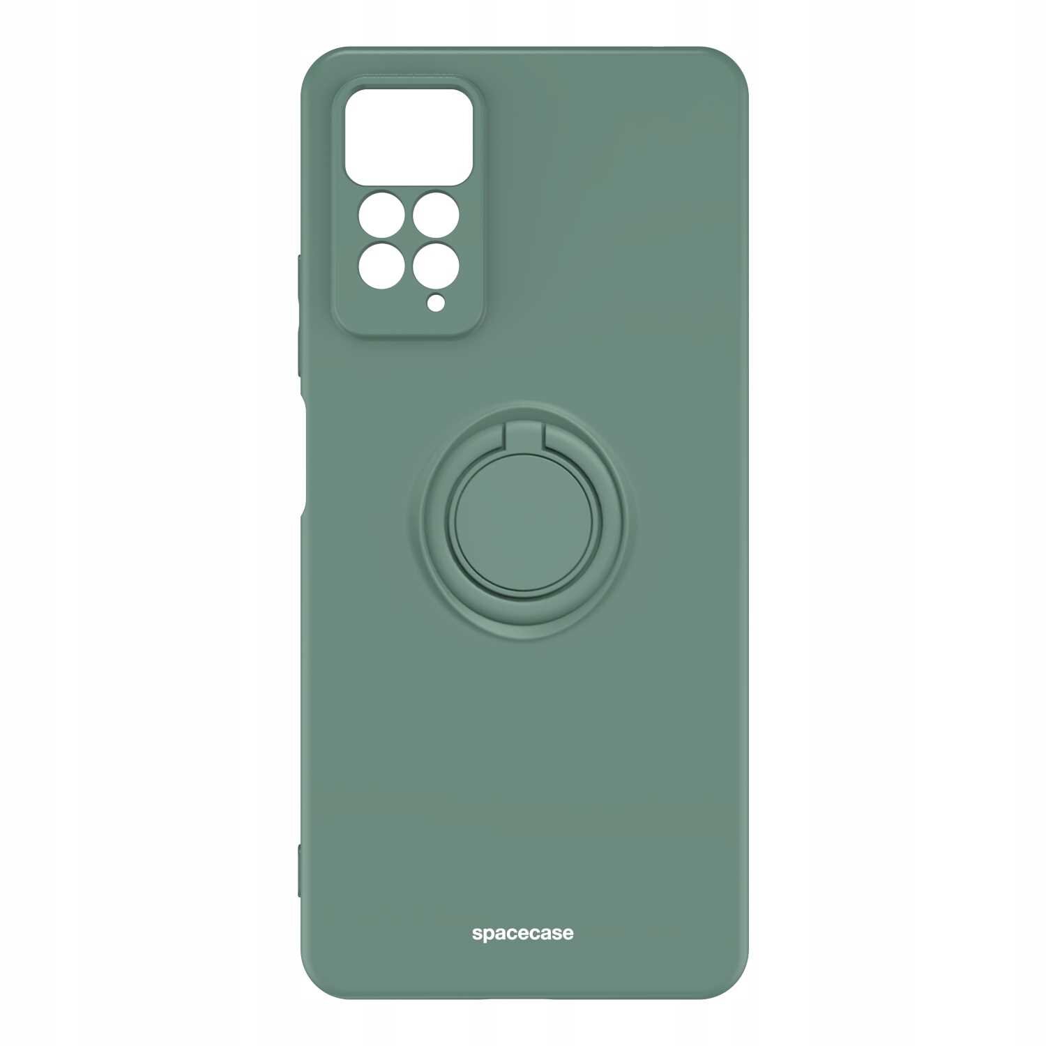 Zielone silikonowe etui z pierścieniem na tylnej stronie, posiada wycięcia na aparat i logo \'spacecase\' na dole.