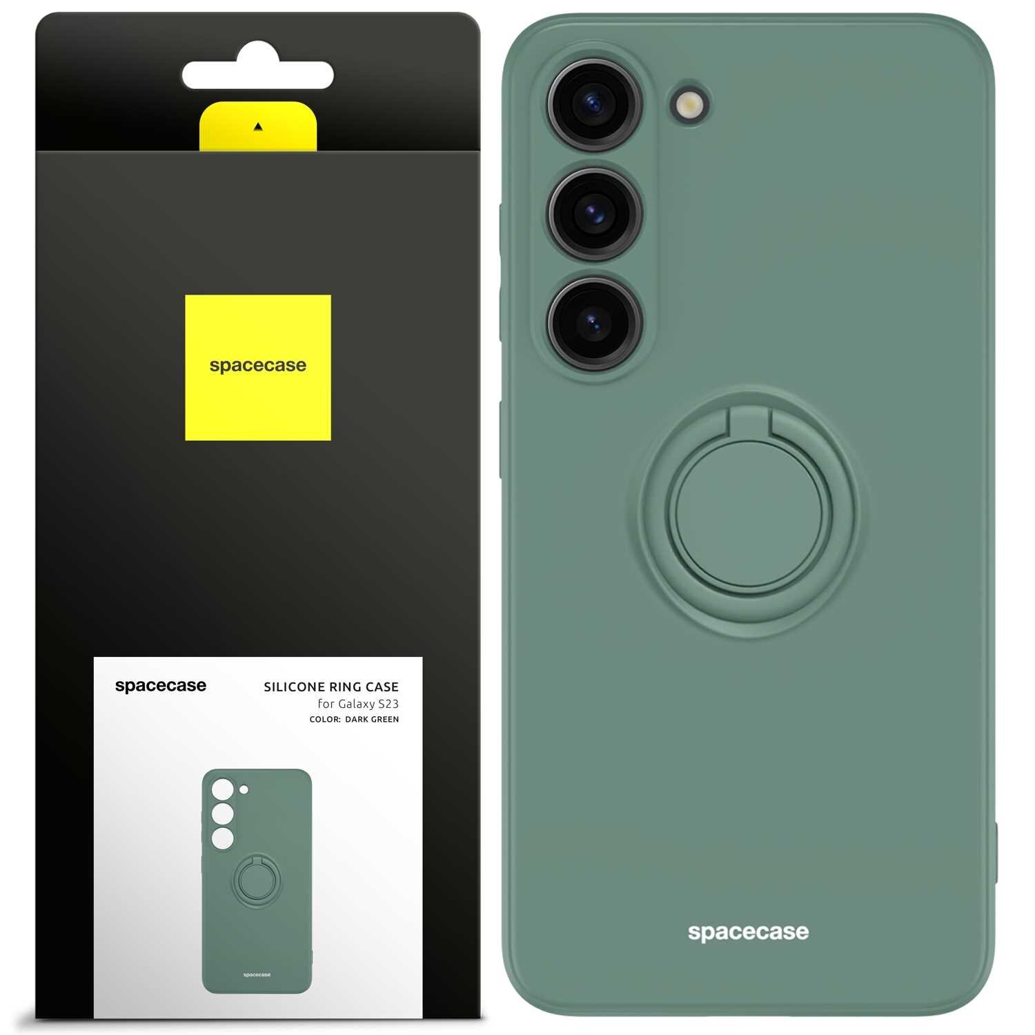Zielone silikonowe etui z pierścieniem do Galaxy S23, obok opakowanie z logo \'spacecase\'.