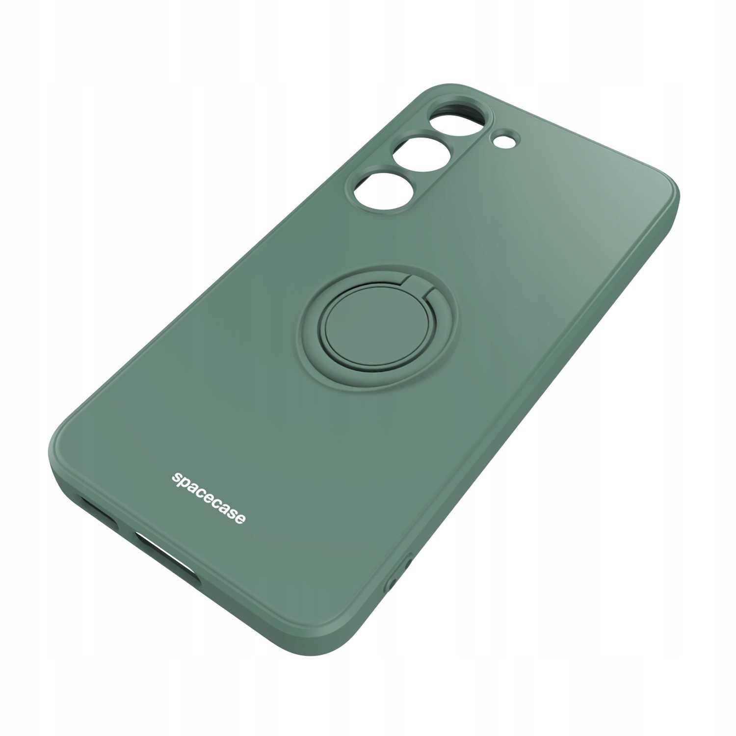 Zielone silikonowe etui z pierścieniem na tylnej stronie, przeznaczone do telefonu Galaxy S23. Na etui widoczne jest logo \'spacecase\'.