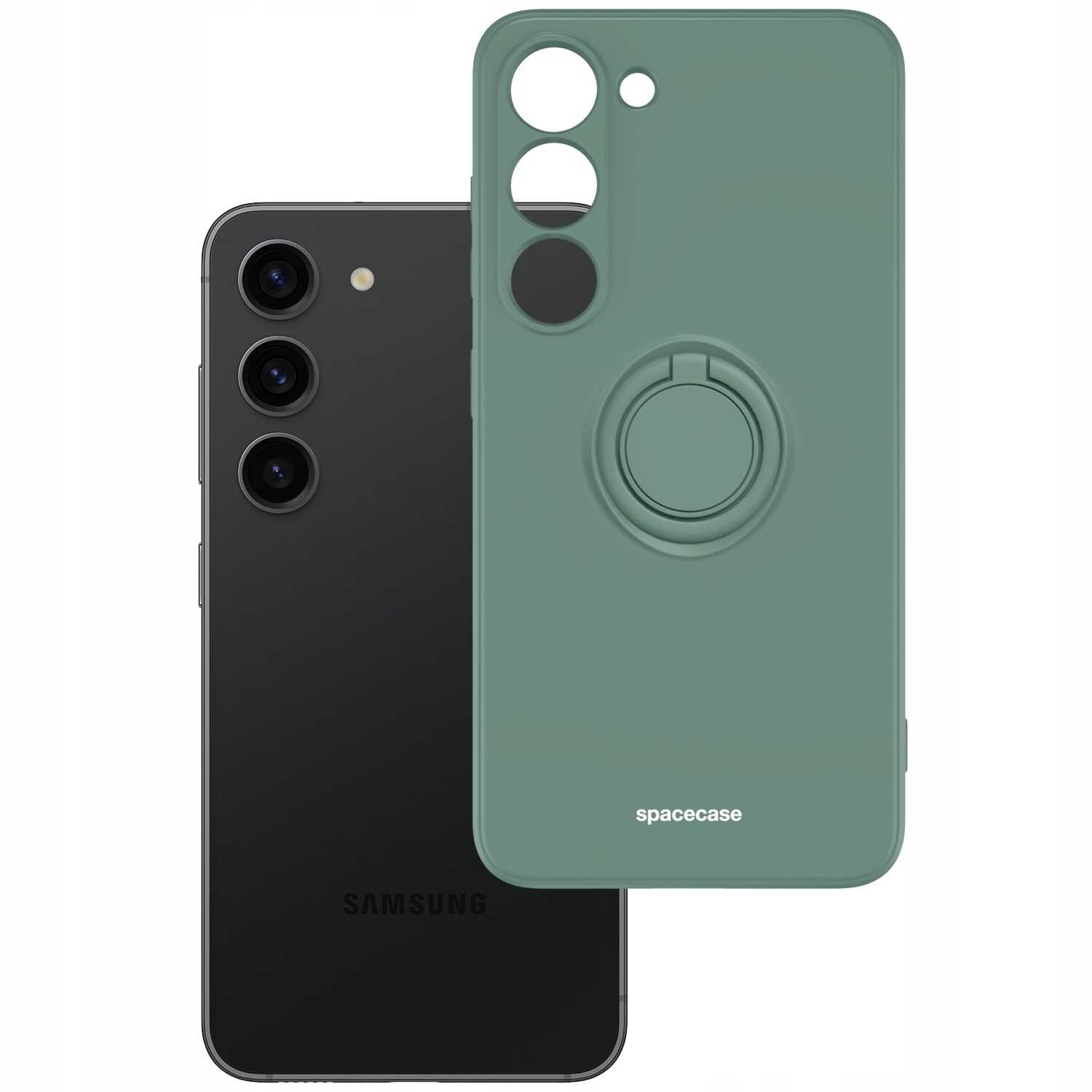 Obraz przedstawia zielone silikonowe etui z pierścieniem na telefon, z widocznym napisem \'spacecase\'. Obok znajduje się czarny telefon z trzema aparatami i logo \'Samsung\'.