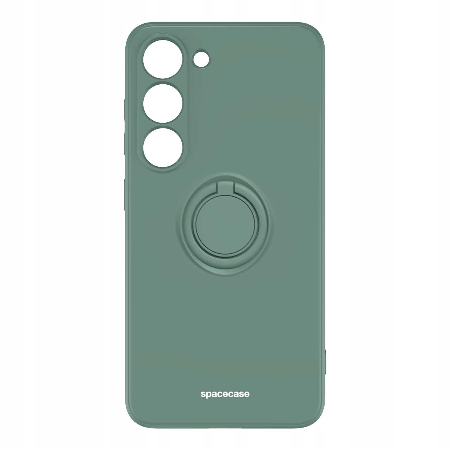 Zielone silikonowe etui z trzema otworami na aparat i wbudowanym uchwytem na palec. Na dole widoczny jest napis \'spacecase\'.