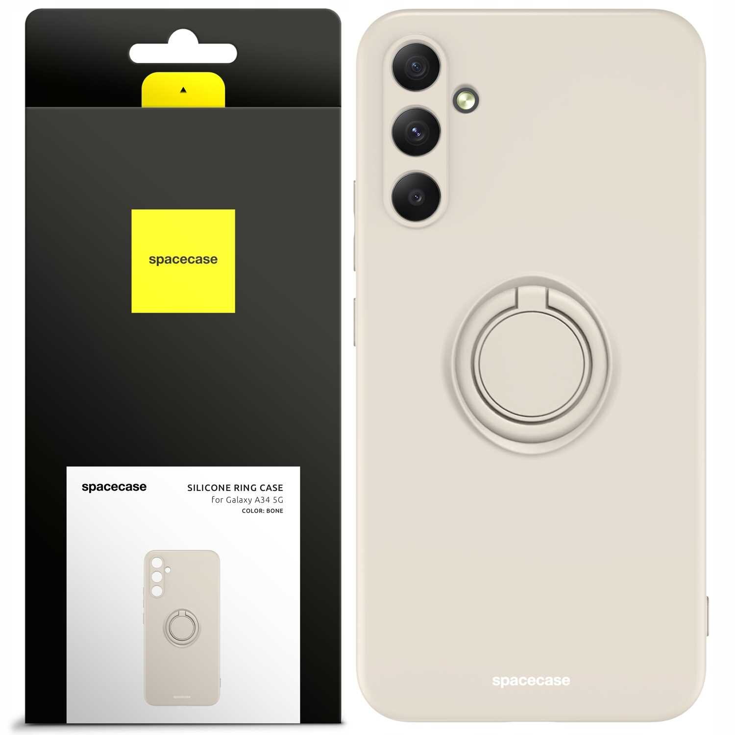 Obraz przedstawia beżowe silikonowe etui z pierścieniem na telefon, obok znajduje się opakowanie z logo \'spacecase\'. Na opakowaniu widnieje napis: \'SILICONE RING CASE for Galaxy A34 5G COLOR: BONE\'.