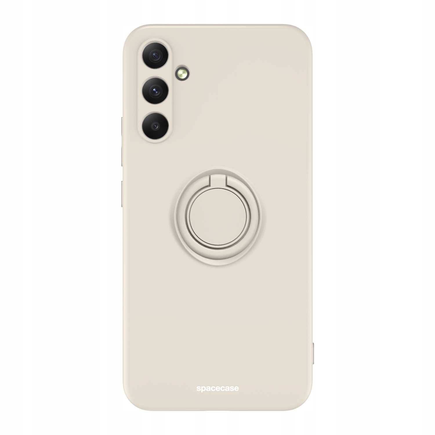 Beżowe silikonowe etui z pierścieniem na tylnej stronie, przeznaczone do telefonu. Na dole widoczny jest napis \'spacecase\'.